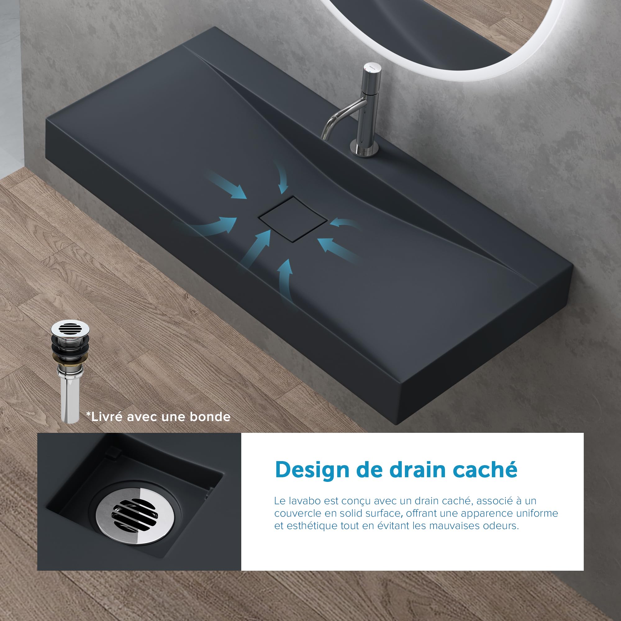 doporro Vasque à Poser 60cm avec Bonde Lavabo Suspendu Gris Noir Mat Colossum810 Fonte Minérale Solid Surface 60x48x12cm