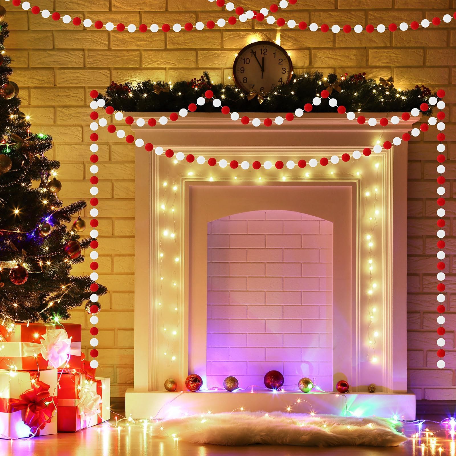 MARFOREVER Paquete de 4 guirnaldas de pompones de Navidad de 26.3 pies, color rojo y blanco, 30 bolas, guirnalda de bolas de fieltro de Navidad para Navidad, escuela, aula, mantel, pared, hogar,