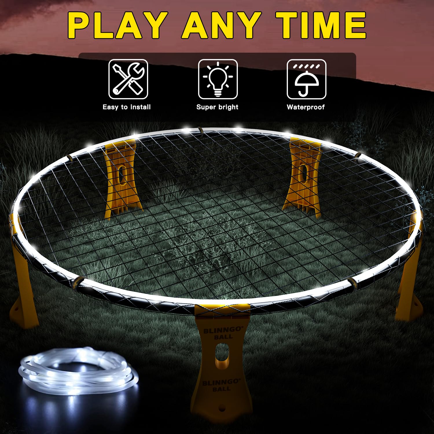 Ensemble de jeux d'extérieur Roundnet avec lumières, 3 balles, filet de jeu, filet de compétition, sac, pompe