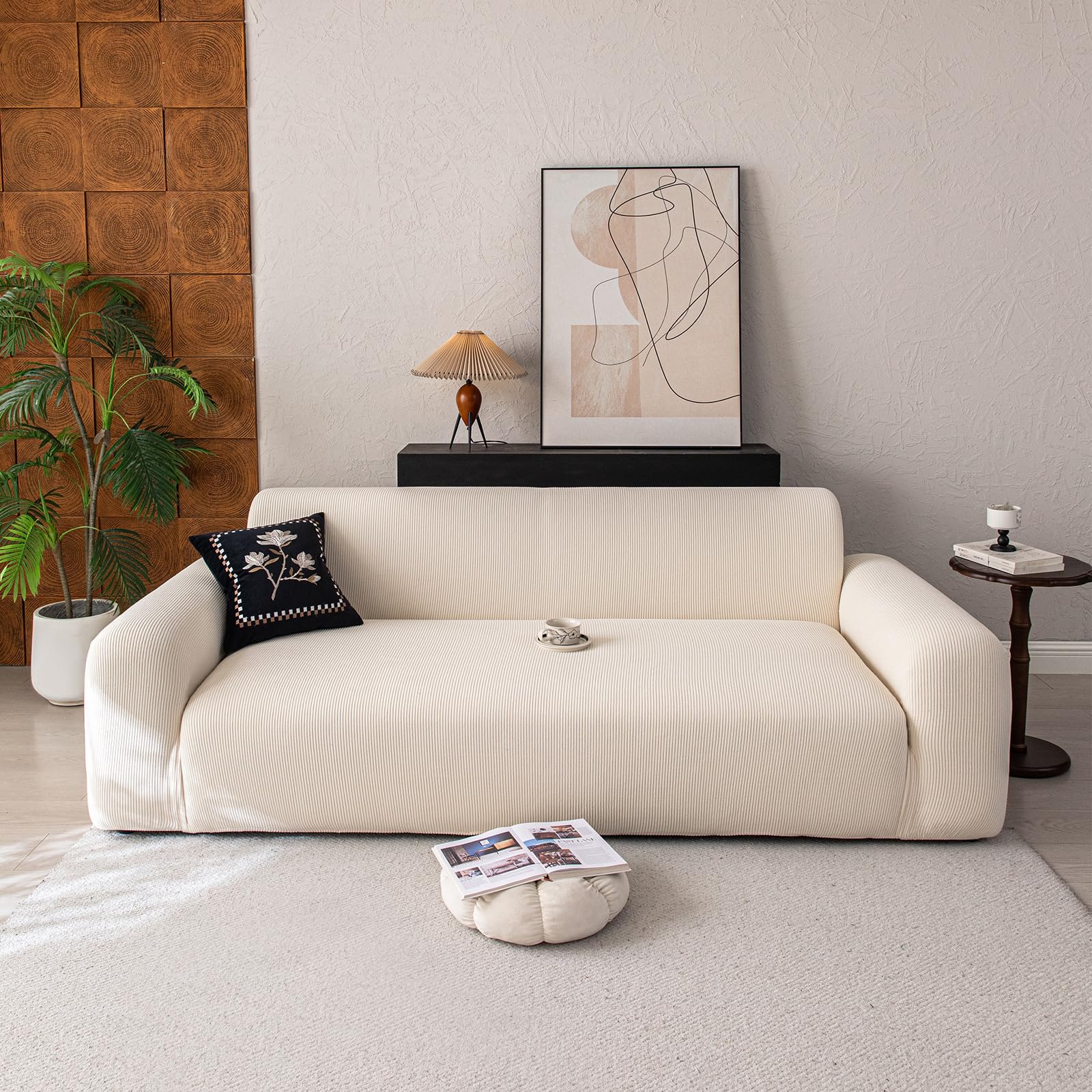 Stretch Sofabezug, Warm Fleece, Extrem Dehnbbar, Abriebfest, rutschfest, 4 Sitzer Jacquard Sofa Überzug Schutz Für Wohnzimmer, Hunde und Haustiere (4 Sitzer, Beige)