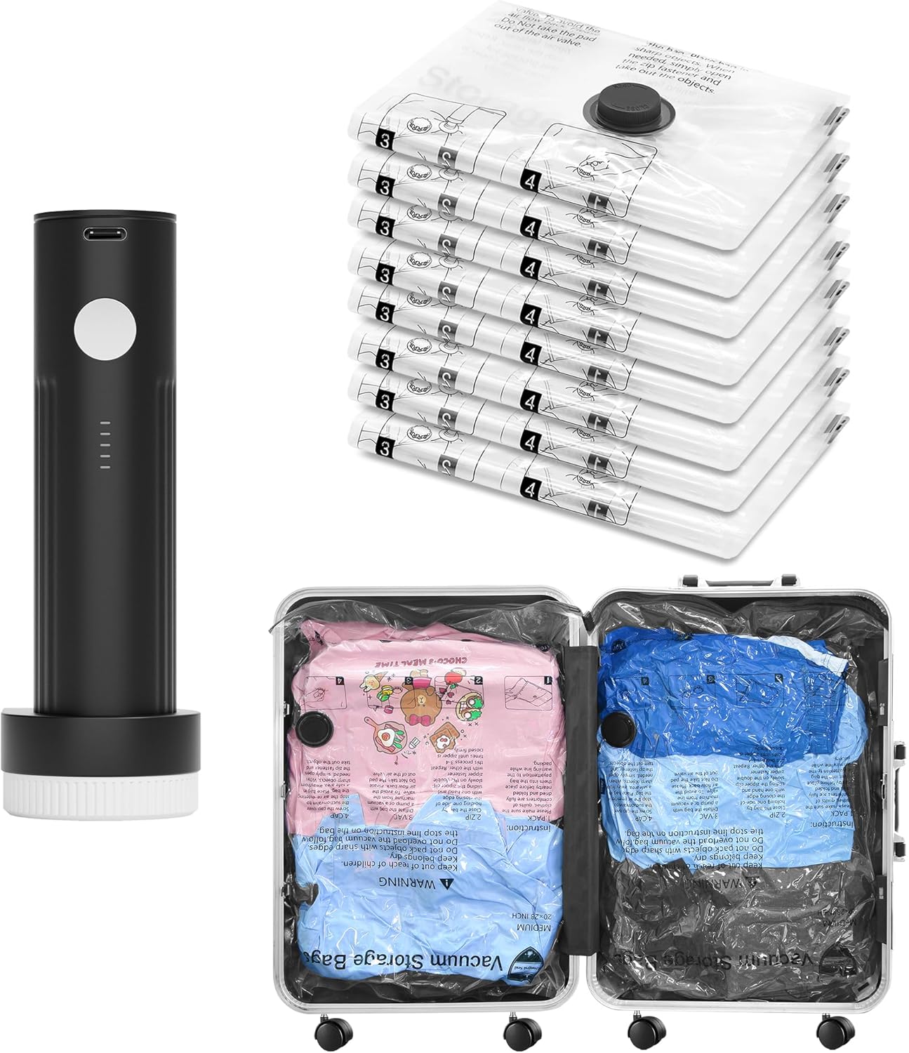 Vacuum Bags for Travel with Rechargeable Pump, 8 Small Compression Packing Seal Bags for Luggage Suitcase, Space Saver for Clothing and Clothes Storage Travel