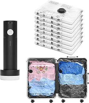 SUOCO Vacuum Storage Bags for Travel with Rechargeable Pump, 8 Large Compression Packing Seal Bags for Luggage Suitcase, Space Saver for Clothing and Clothes Travel