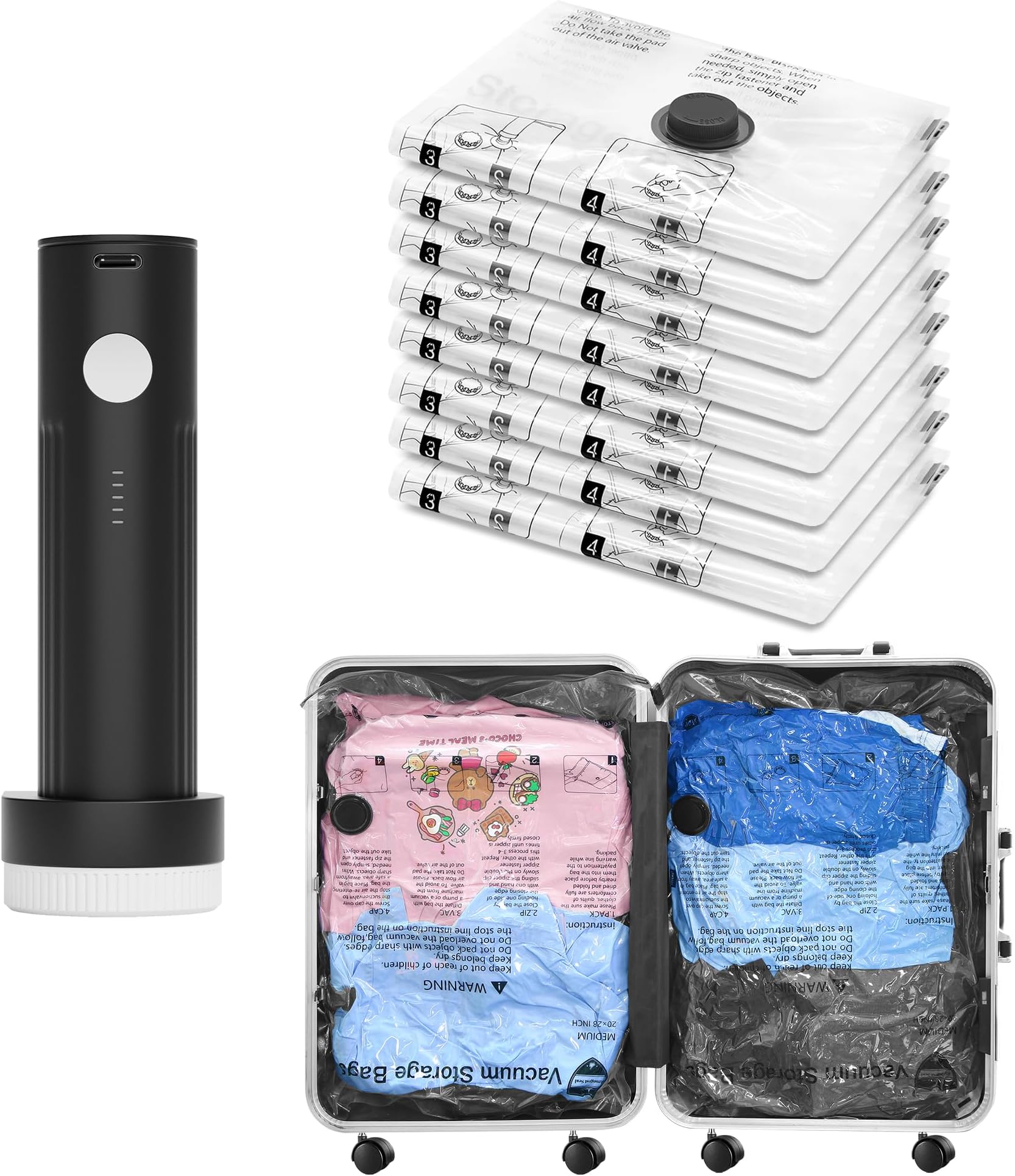 Vacuum Bags for Travel with Rechargeable Pump, 8 Small Compression Packing Seal Bags for Luggage Suitcase, Space Saver for Clothing and Clothes Storage Travel