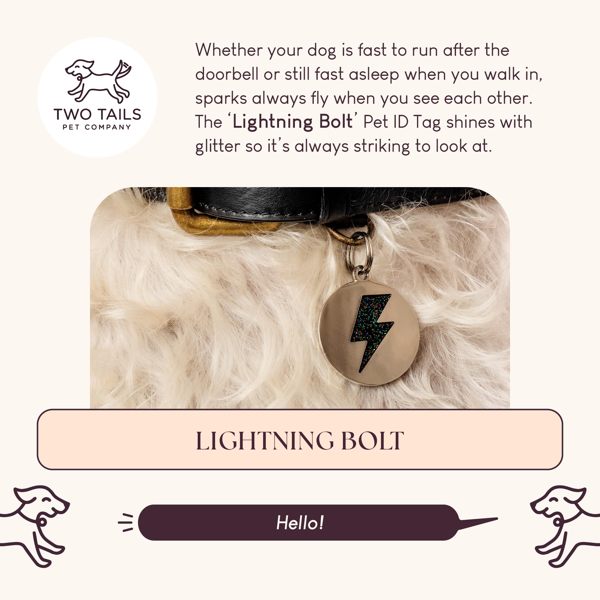 Two Tails Personalized Lightning Bolt Pet ID Tag - Custom Engraved Dog Tags for Pets - Durable Brass, Gold or Silver Plating