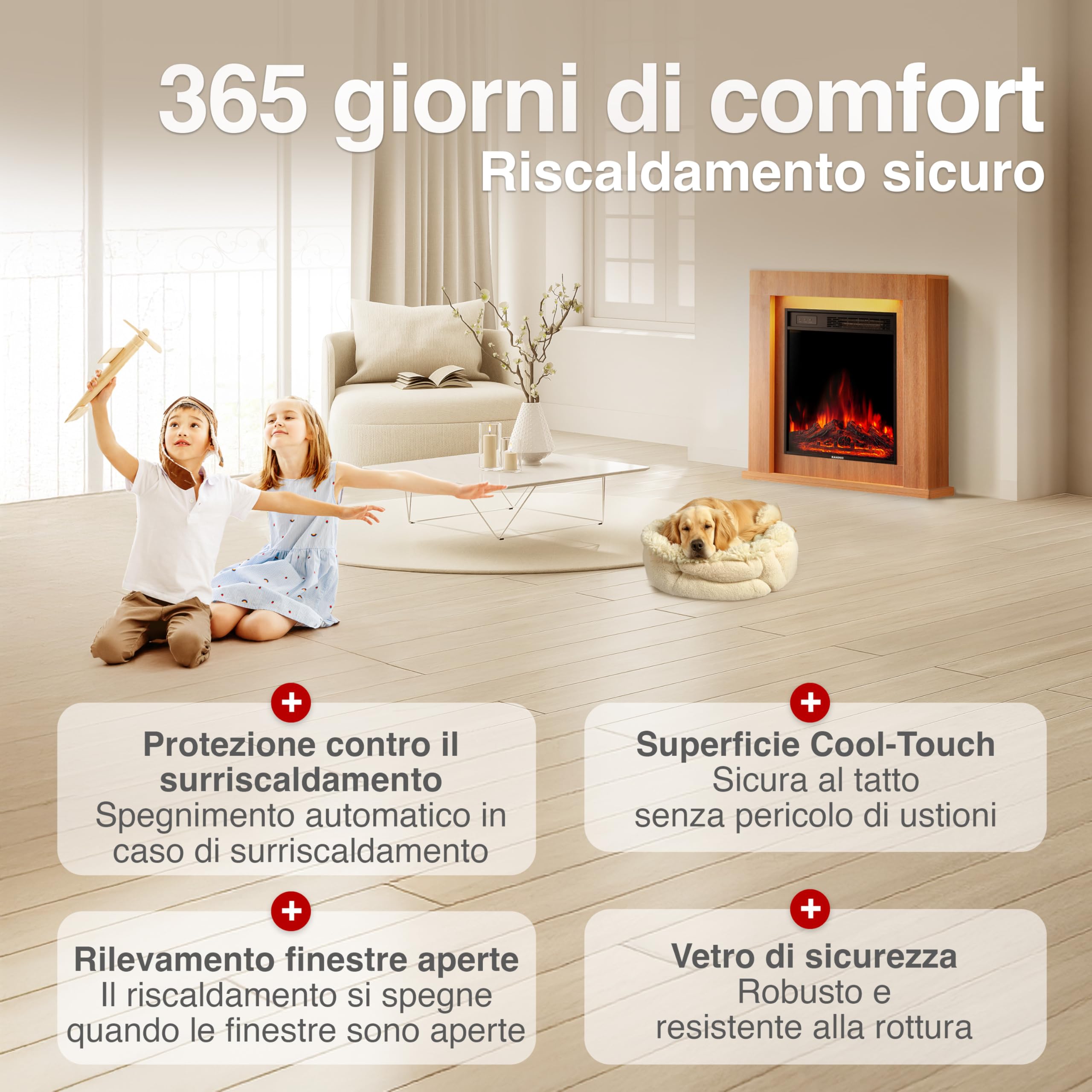 KAMINIO Camino elettrico Matti - Caminetto da pavimento con riscaldamento, effetto fiamma 3D, luce ambiente a LED, telecomando - 32 pollici (Querica)
