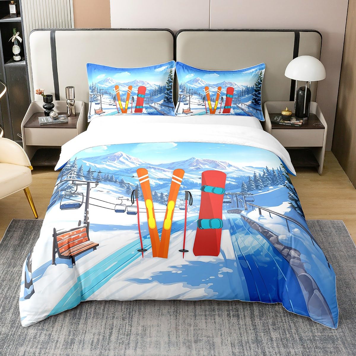 richhome Cartoon Ski 100% Cotton Duvet Cover Outdor Ski Slope Sports Style Bedding Set for Kids Teens Adults Winter White Snow Mountain Blue Sky Comforter Cover with 2 Pillowcases King Size 3 Pcs