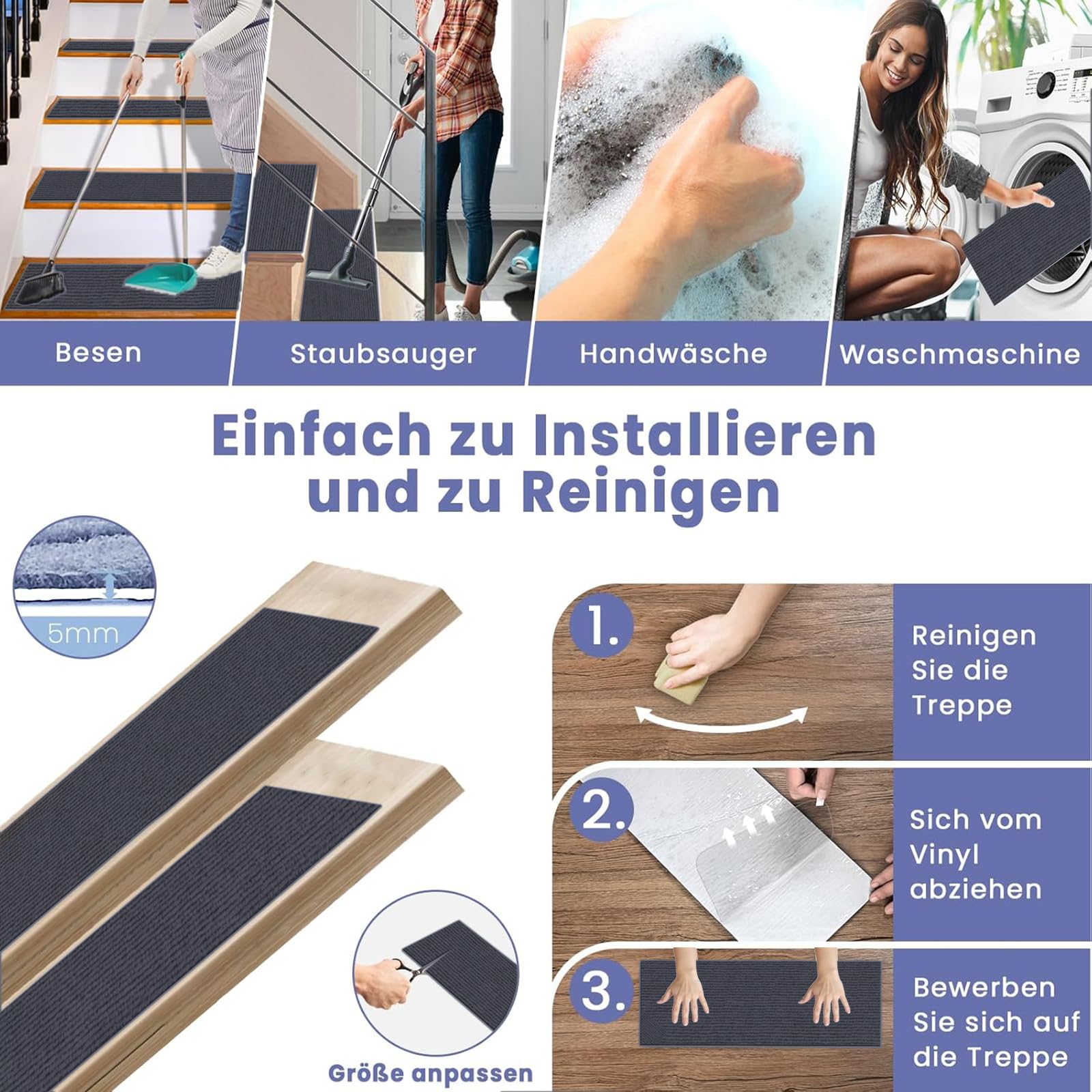 Trapmat 15 x 46 cm 100% Polyester, Tpe-Rug, Duurzaam, Antislip, Snijdbaar, Herbruikbaar, 5 X Trapmatten Zelfklevend, Trapbescherming, Voor Verschillende Soorten Trappen, B