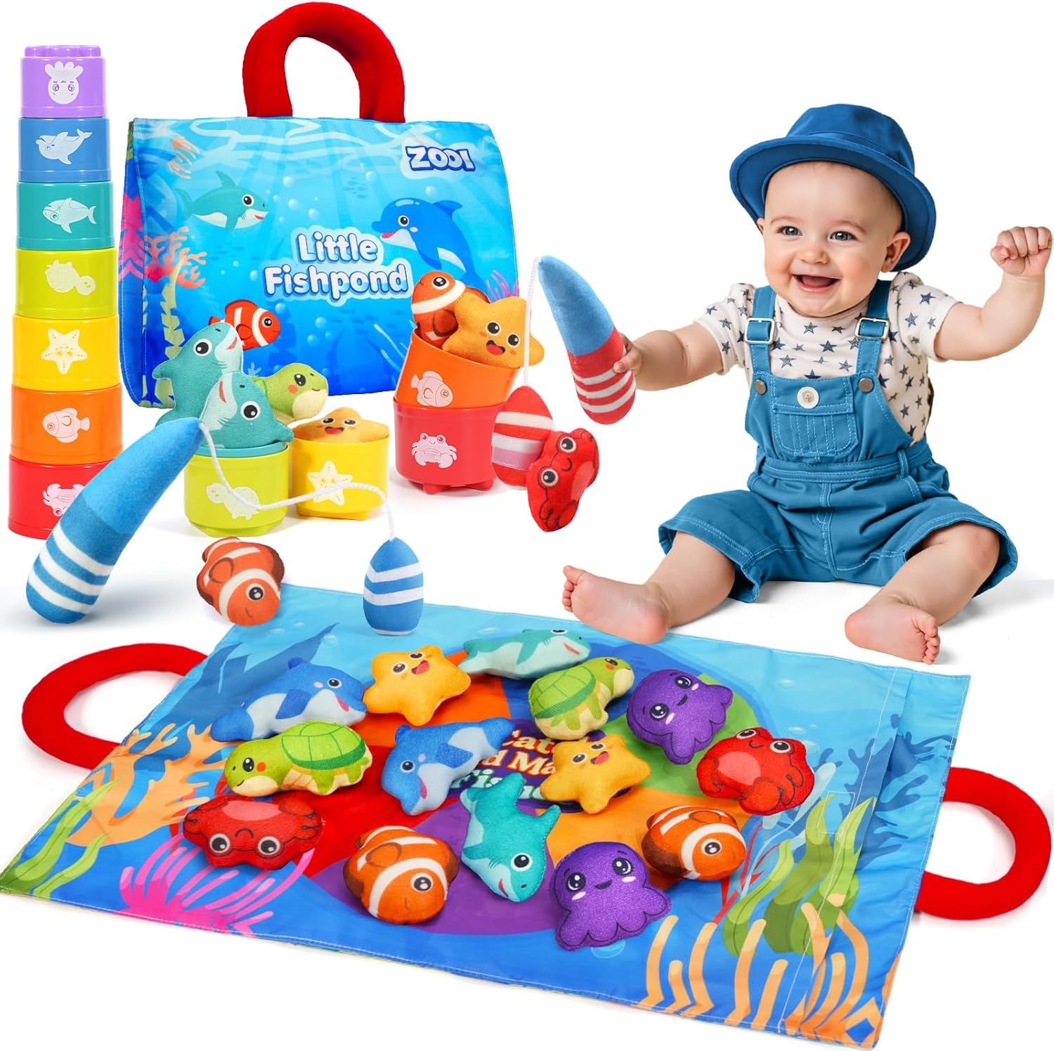 ZOOI Toddler Montessori Toys for 1-3 Year Old, 24PCS Cloth Fishing Game with Stacking Cups for Hand-Brain Coordination, Sensory Baby Toys 6-12 Months, 1-3 Year Old Girl Boy Birthday Gifts