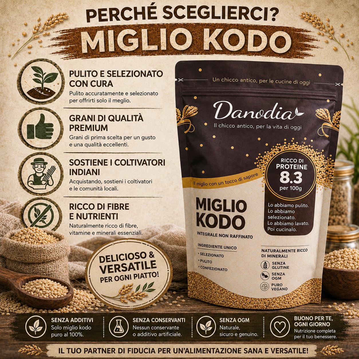 Danodia Foods 100% Natural Unpolished KODO MILLET (Varagu Arisi)-Siridhanya | Rich in Protein, Fiber, Minerals | Best For Stomach & Overall Health | Gluten-Free, Non-GMO, Best Of India KODO MILLET