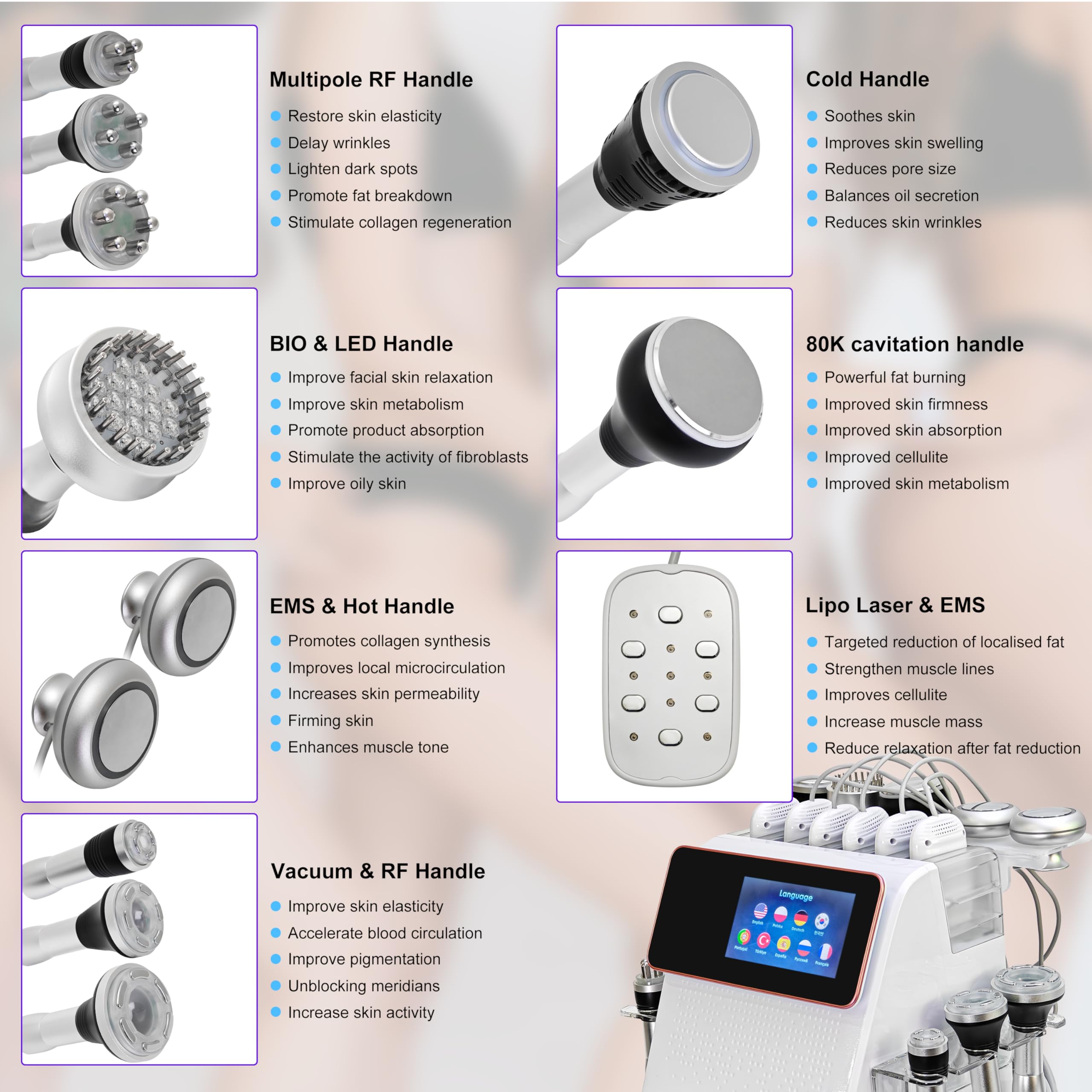 Elitzia ETDSD126 Gesichtskörper-Maschine, 80 K, Kavitation, Fettverbrennung, Ultraschall, Radiofrequenz, Vakuum, LED, Lipo Laser & EMS Kavitation Gerät, Gesichtslifting, Body Shaper, Sculpting