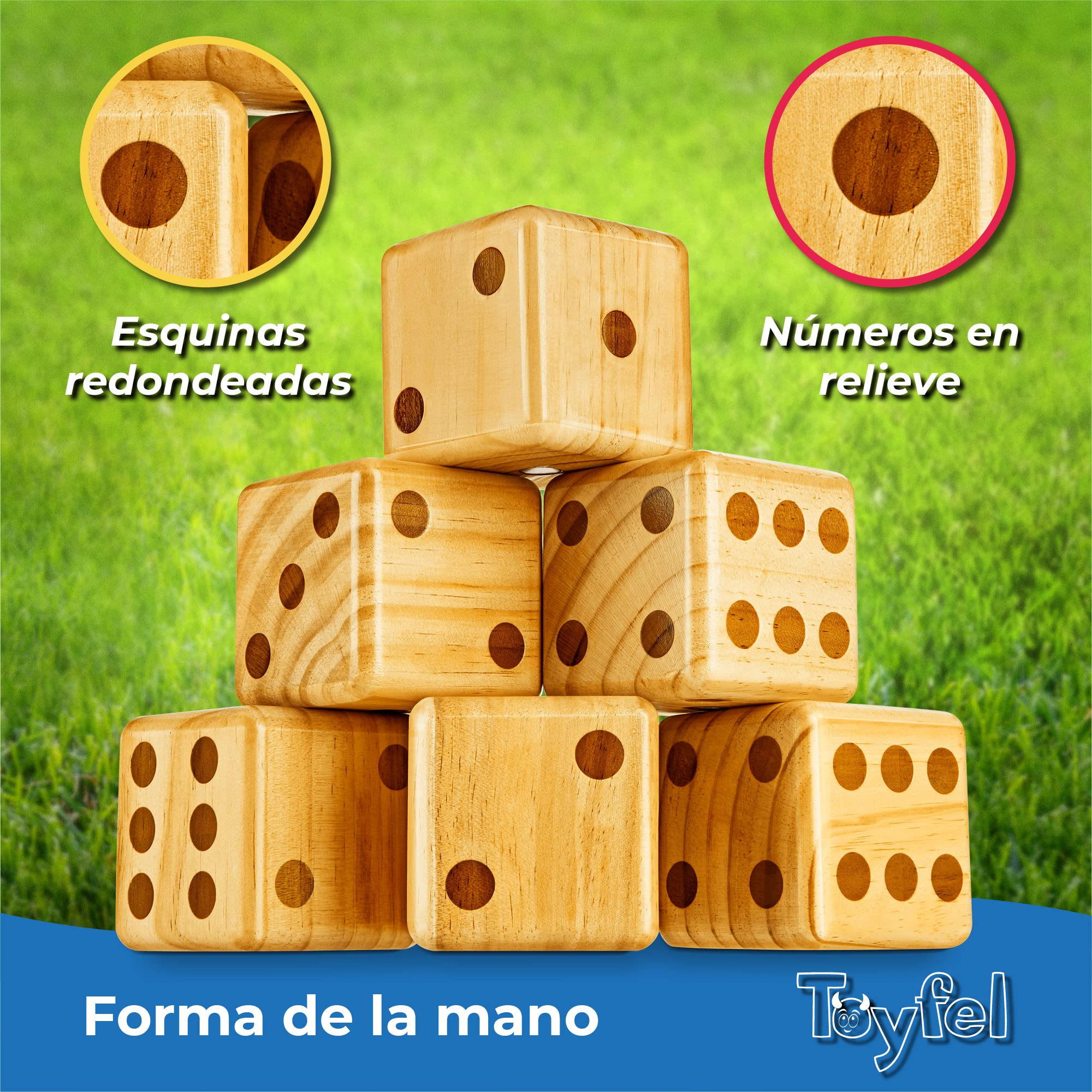 Toyfel XXL Juego de Dados Madera de Pino FSC® Interior y Exterior | 6 Enormes 9cm Cubo Plegable Tablero Limpiable y Pluma para Niños y Adultos gigantes pizarra gigantes mesa familiar Chuck