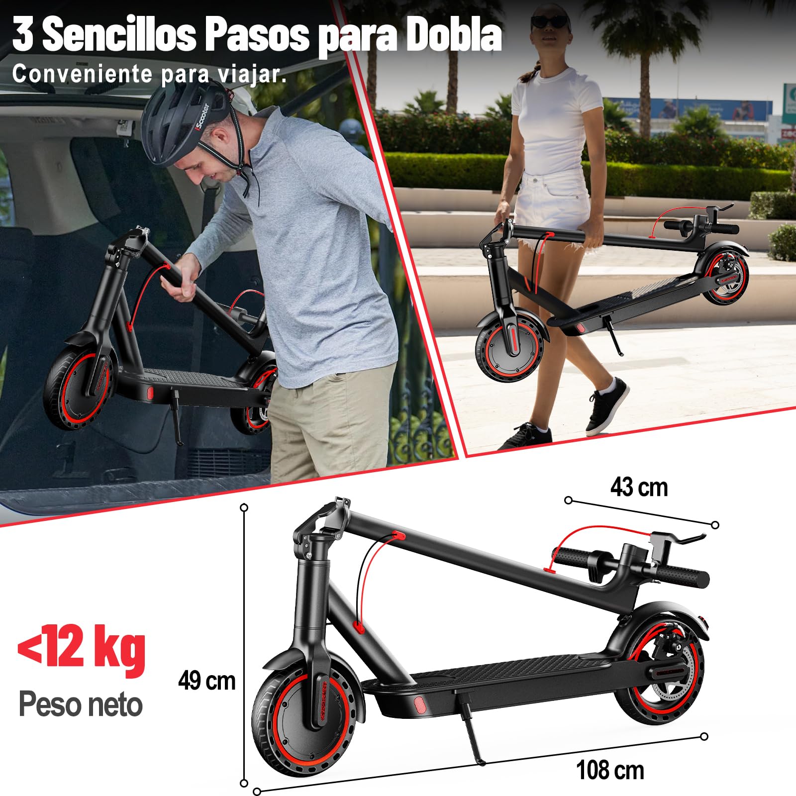 TODIMART Hulajnoga elektryczna dla dorosłych, silnik 350 W, zasięg 20-30 km, opony lite 8,5", 3 prędkości i składana - z aplikacją, dla nastolatków i dojeżdżających do pracy