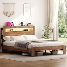 Decoholic Queen Size Bed Frame with Storage Headboard,Bookcase Shelf,Charging Station & Led Lights, Solid and Stable, Noise Free,Rustic Farmhouse Sturdy Framework Wood Bedframe, Easy Assembly