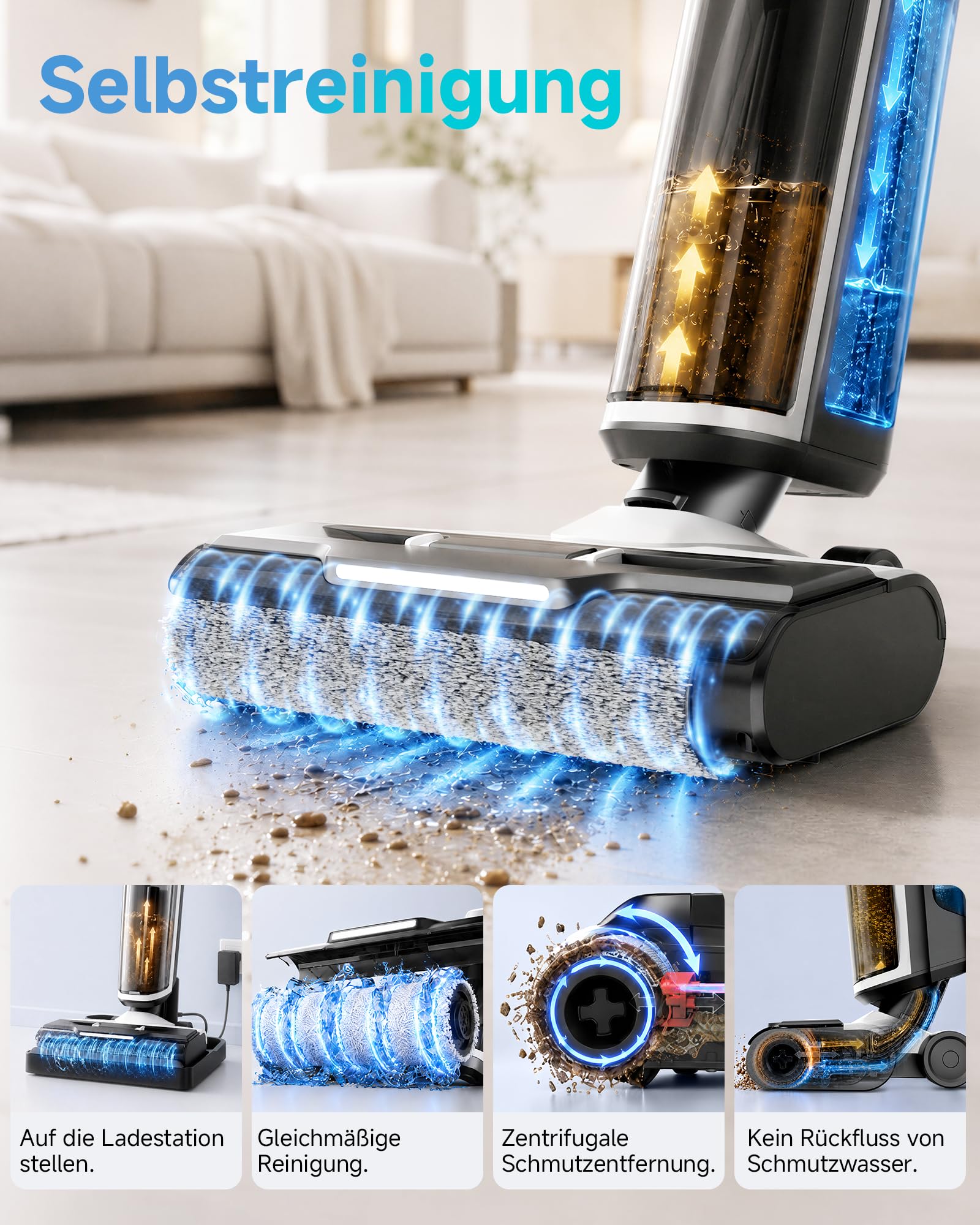 Hearten Nass Trockensauger, 25 kPa, mit Wasserelektrolyseur zur Desinfektion, Selbstreinigung, Sprachansage, Randreinigung, LED-Display, Bürstenloser Motor, Geräuscharm, Haushalte