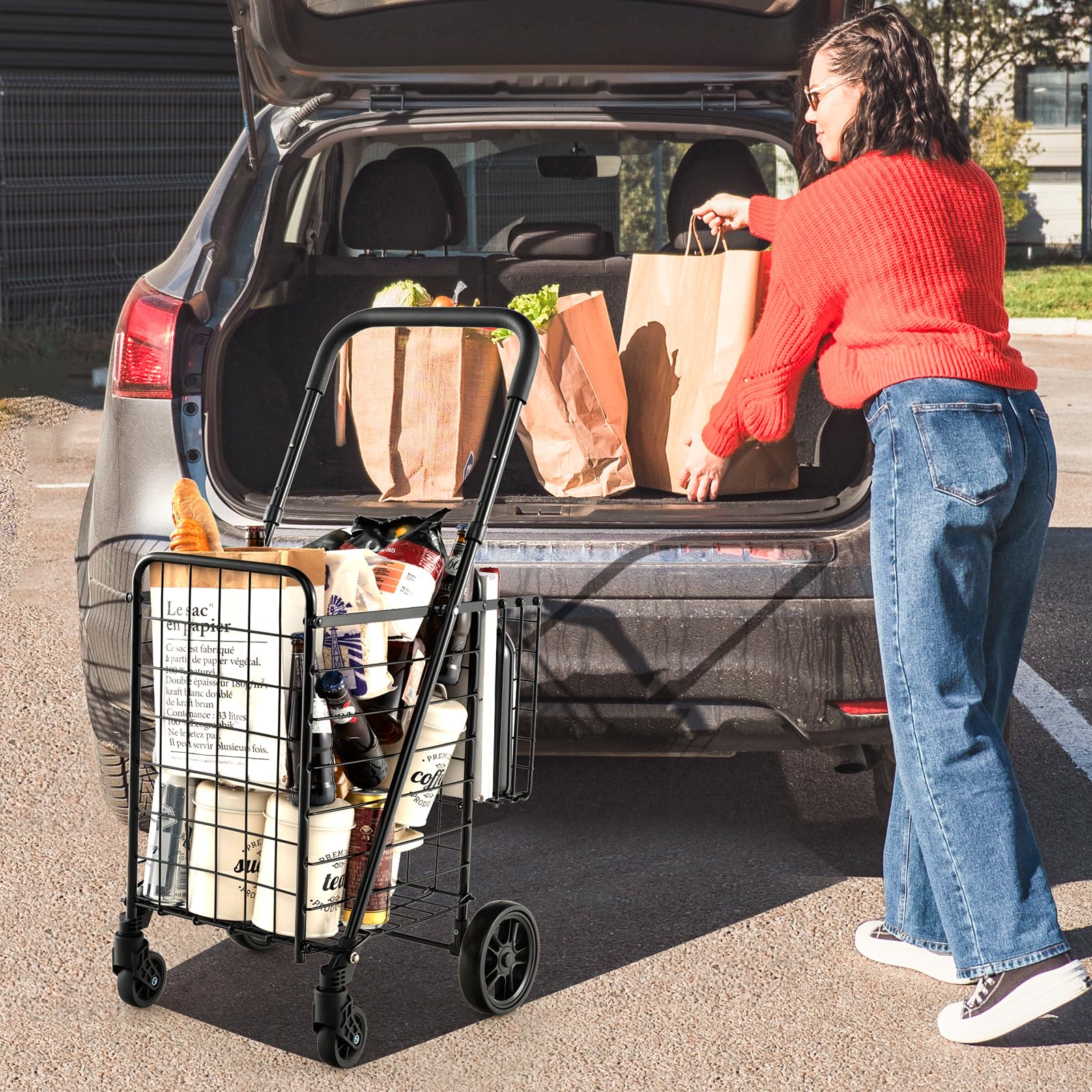 GYMAX Carro de la Compra Plegable de Metal, Carrito Compra Portátil con Doble Cesta 48 L+10 L, Soporta hasta 20 kg, 4 Ruedas, con Asa Ajustable de 89 a 95 cm (Negro)