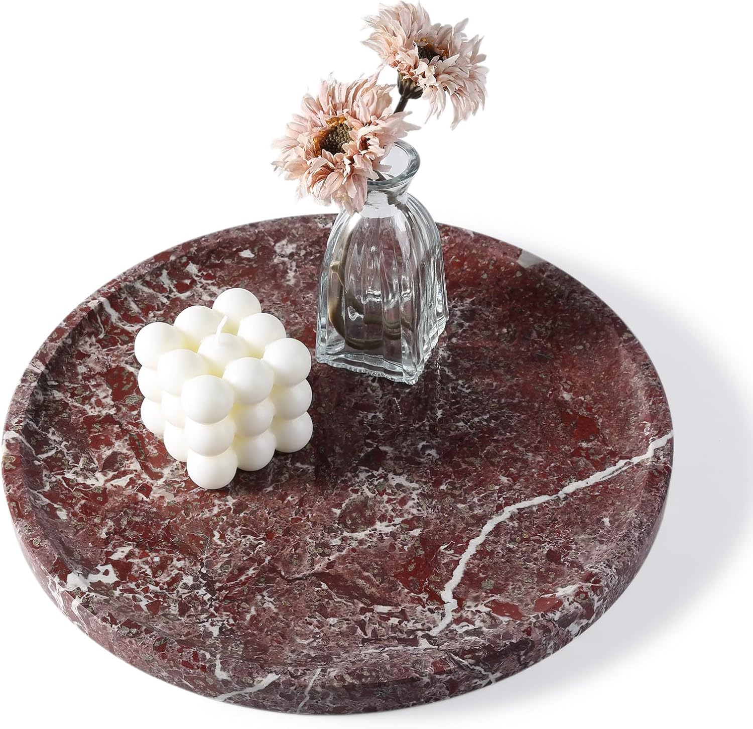 Natural Round Marble Tray, 11.7in Decorative Vanity Catchall Countertop Organizer for Jewelry Perfume Candles, Multi-Purpose Decorative Serving Tray - Rose Lepanto