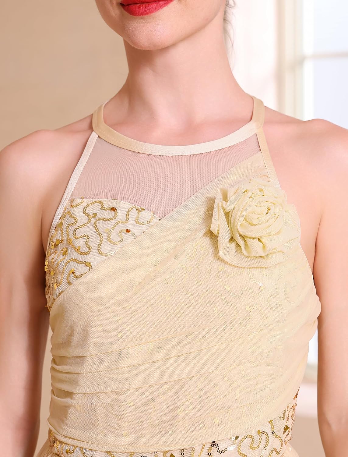 ODASDO Women's Lyrical Dance Costumes Sleeveless Sequin Mesh Tulle Flowy Leotard Dress for Recital Solo Stage Performance - Image 5