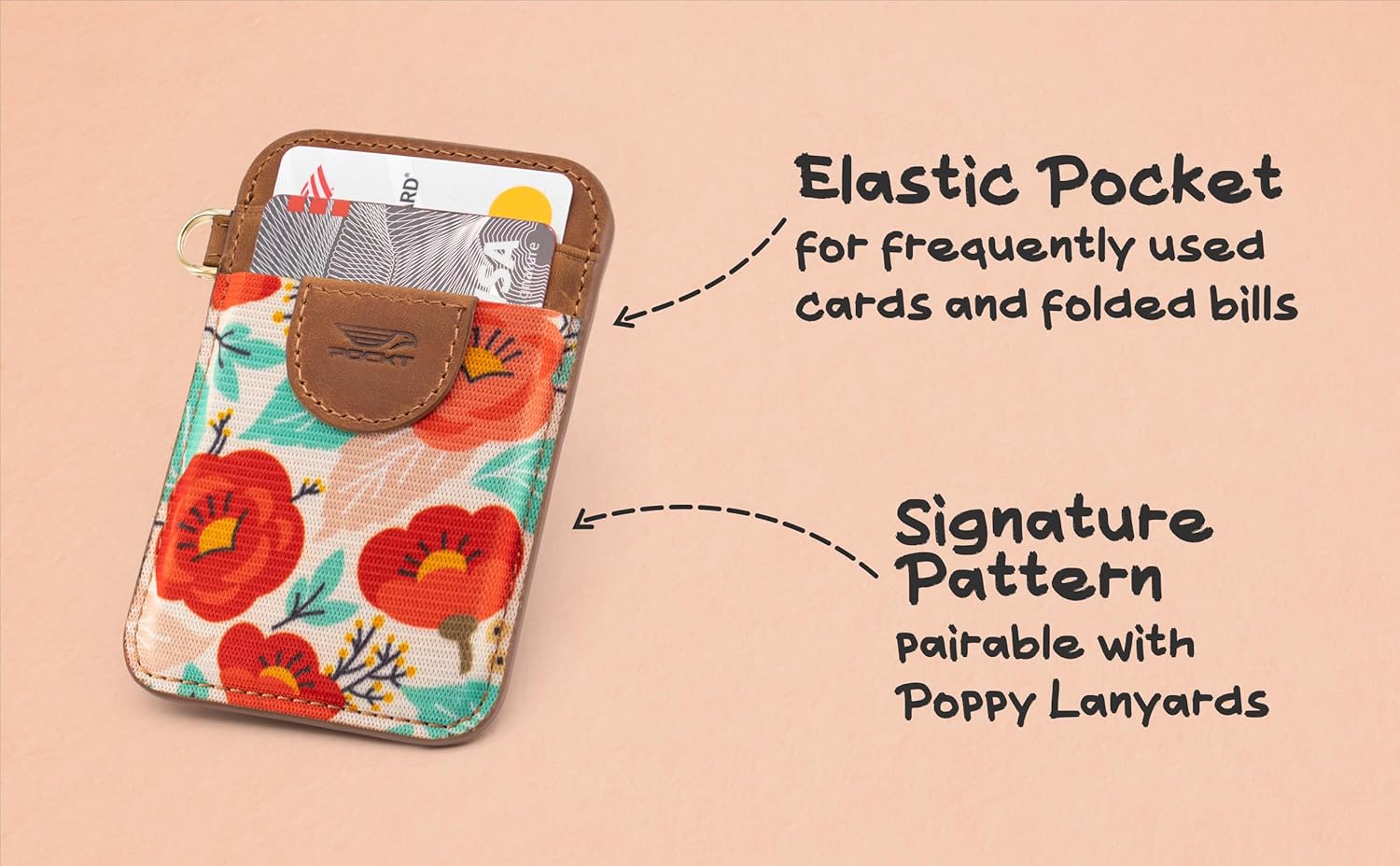 POCKT Slim Card Holder Wallet + Neck Lanyard for Keys Bundle for Women | Poppy