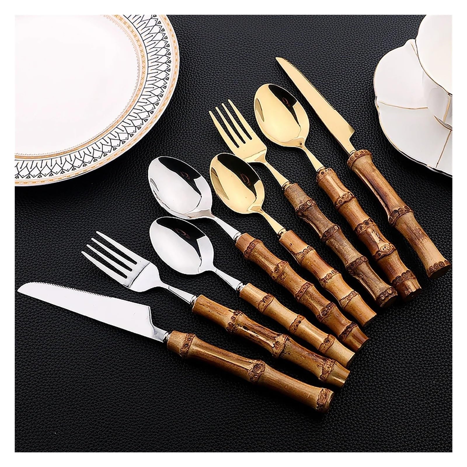 Set di posate, stoviglie in acciaio inossidabile da 16 pezzi con manico in bambù naturale, coltello, forchetta, cucchiaio(Silver 16Pcs)