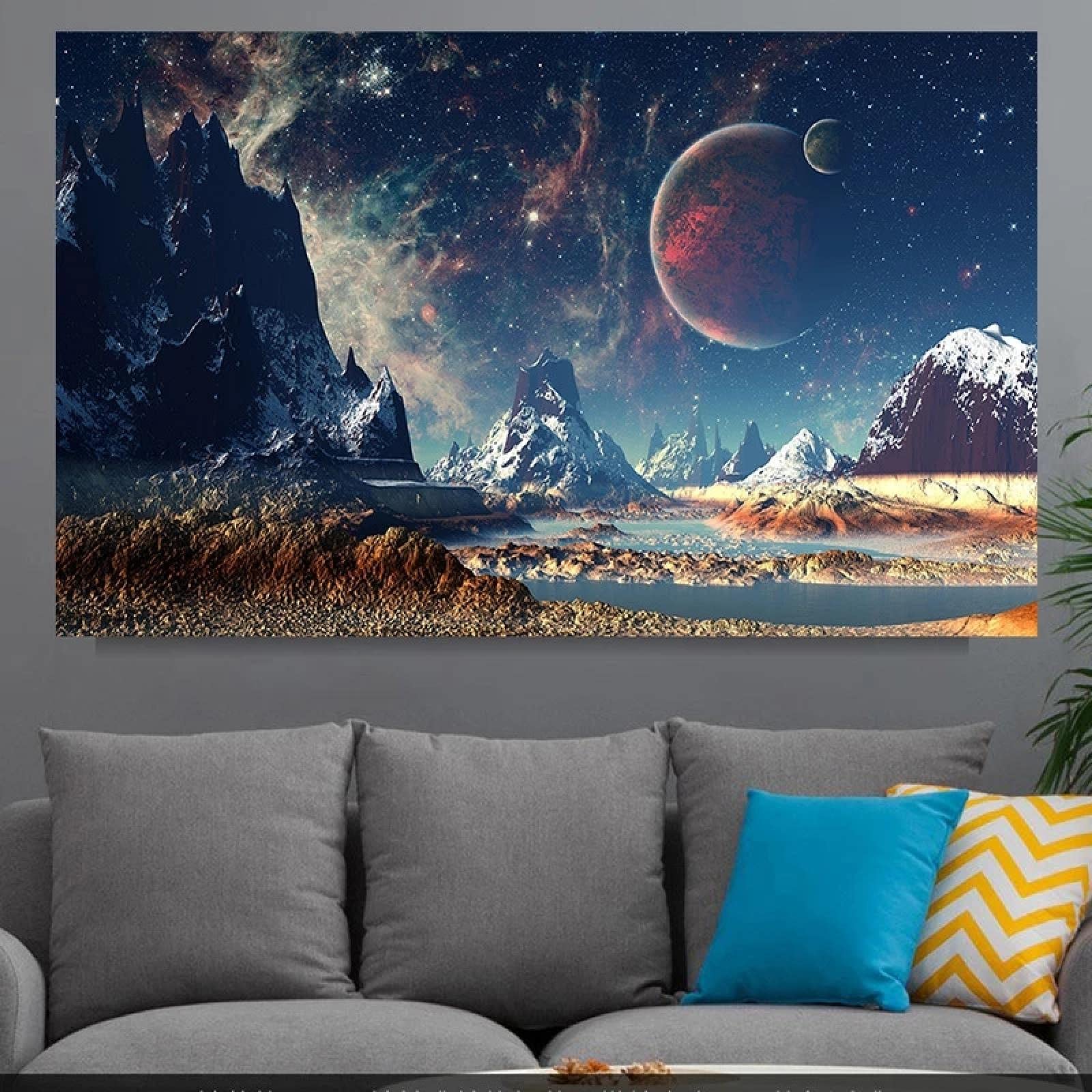 Yooyu Carteles del espacio y la montaña Universo Exoplaneta Galaxy Pinturas en lienzo Paisaje Arte de la pared Imagen Decoración para el hogar Mural 50x115cm (19.7x45.3in) Marco interno