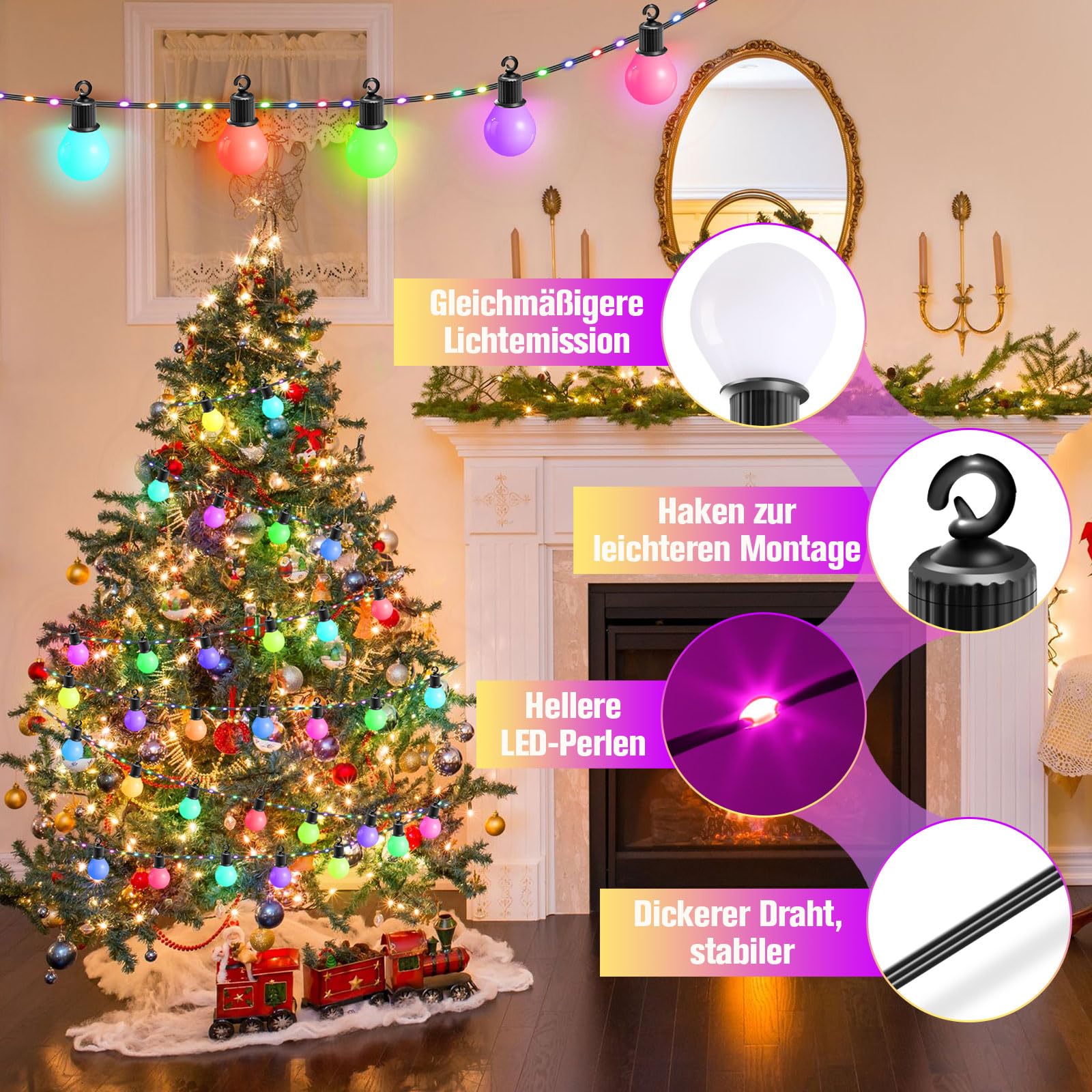 Led-lichtsnoer voor buiten, stroom, Kerstmis, 30 m, dimbaar, kleurrijke RGB-gloeilampen, IP65, weerbestendig, met afstandsbediening, retro kleur, Fairy Lights voor buiten, voor feest, terras, biertuin