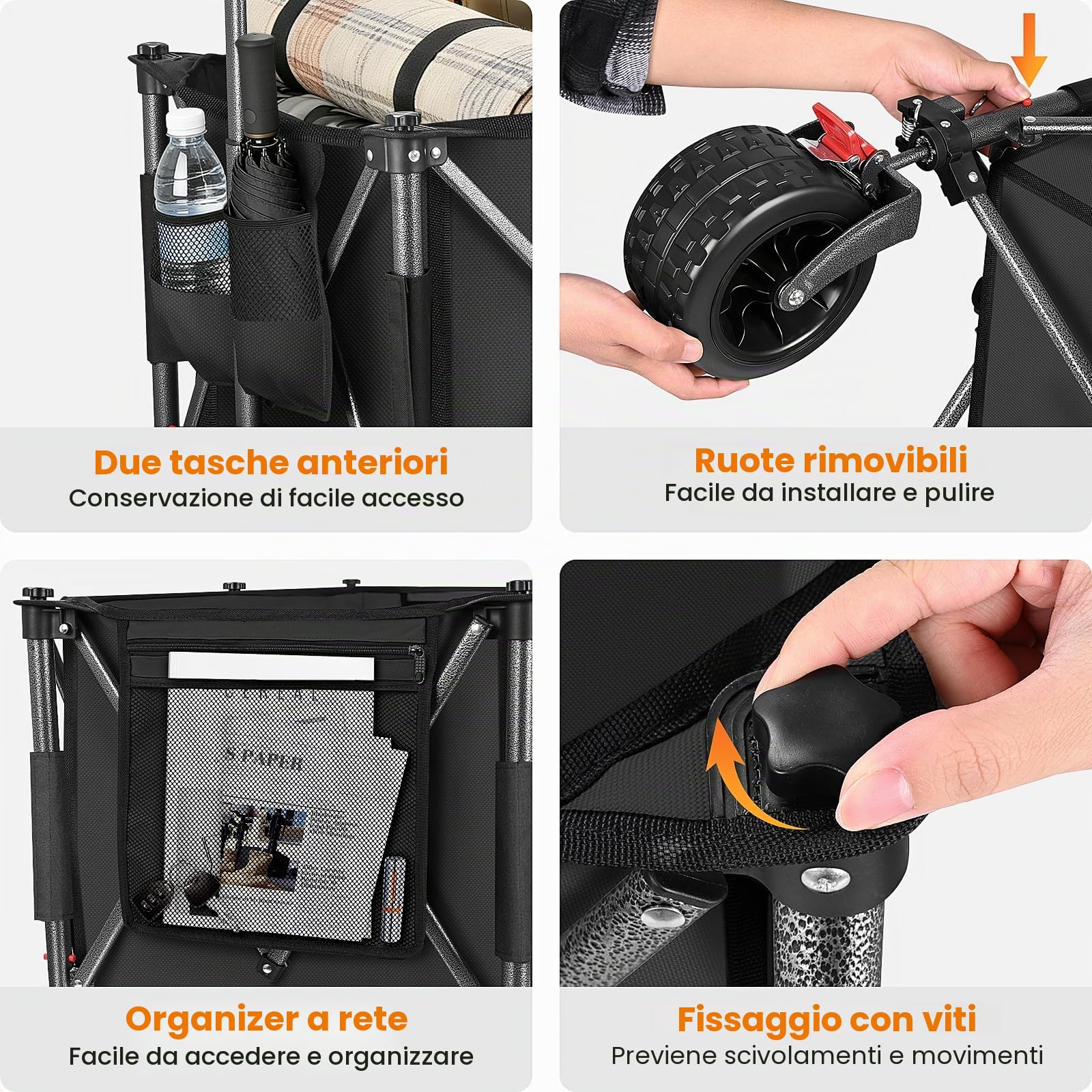 YEAUPE PRO Carrello Spiaggia Pieghevole con Ruote Portatutto, Grande Capacità, Doppi Freni, Doppia Forcella Rinforzata, Ruote Grandi, Manico Regolabile, Rete Elastica Inclusa, 250kg/255L, Nero