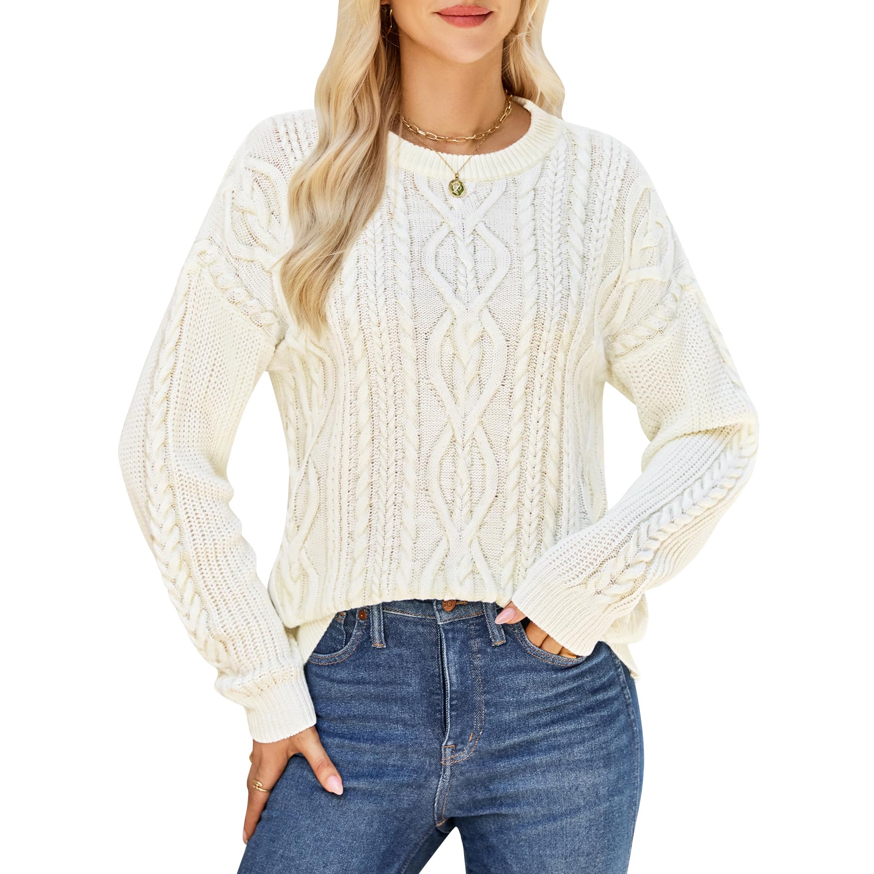 Womens Cable Knit Sweaters Oversized Crewneck Sweater Long Sleeve Chunky Pullover Top Loose Casual Fall Outfits