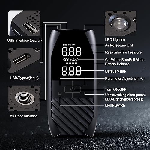 Miniatura 7 de Inflador de neumáticos, compresor de aire portátil de 150 PSI, bomba de aire eléctrica portátil para neumáticos con medidor de presión digital,