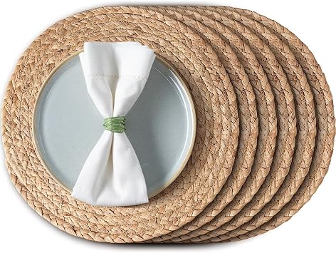 Aofmee 13.8 inch Round Woven Placemats Set of 6, Boho Rattan Place Mats, Natural Water Hyacinth Table Placemats, Farmhouse Weave Table Mats, Rustic Braided Wicker Charger Plates for Dining Table Decor