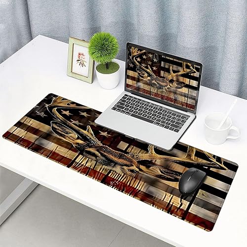 Miniatura 6 de Alfombrilla de mouse grande para juegos, diseño de bandera estadounidense de grano de madera, caza, ciervos, base de goma antideslizante, adecuada