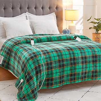 OCTROT Heated Blanket Electric, Queen Size 84X90, Heating Blanket with 10 Heating Levels/8 Hours Auto Off/Dual Control, Green Plaid Checkered Sherpa Warmer for Adults, Fast Heating, ETL