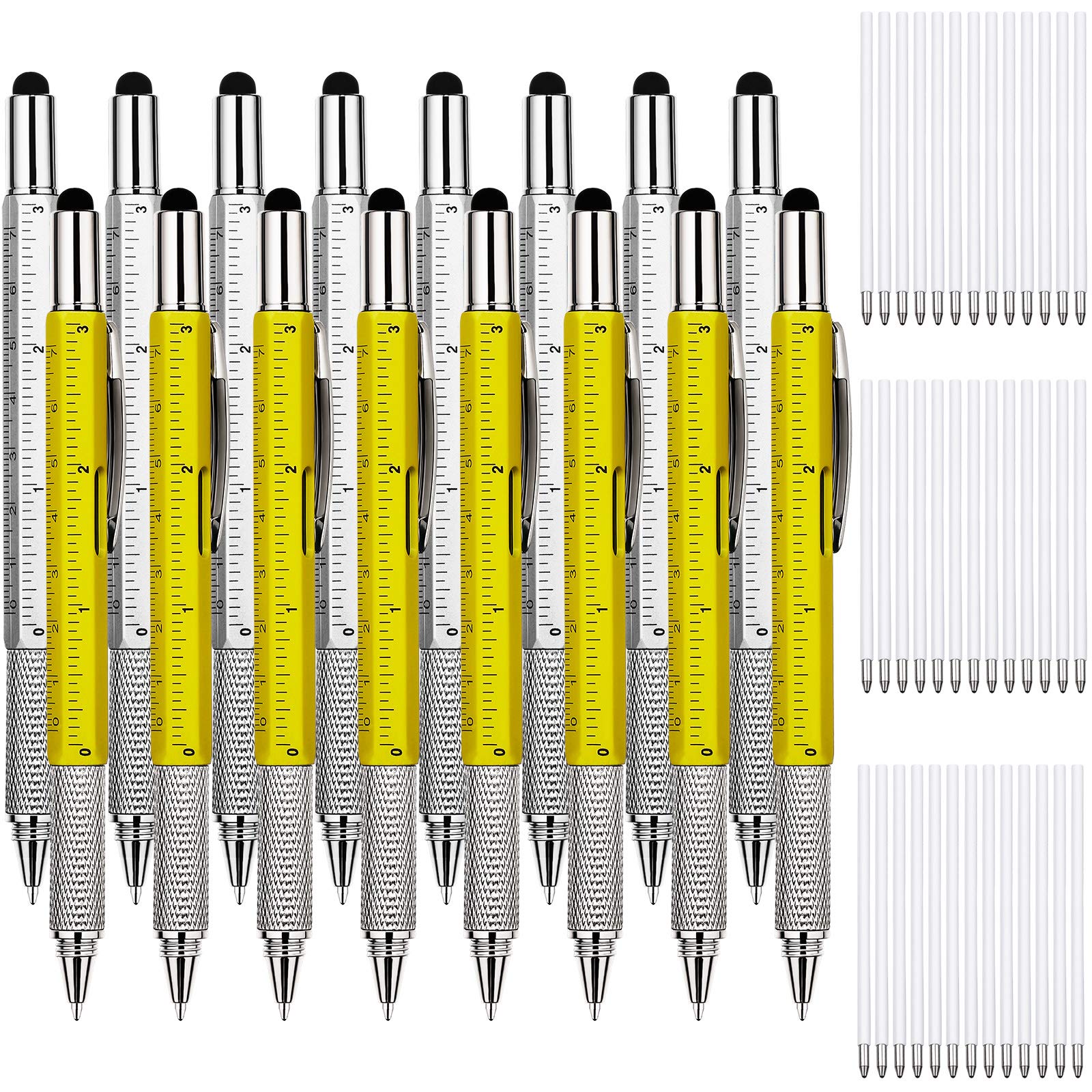 16 Pieces Gift Pen Tool Pen 6 in 1 Multitool Tech Tool Pen with Ruler, Levelgauge, Ballpoint Pen and Pen Refills, Creative Gifts for Men (Silver, Yellow)