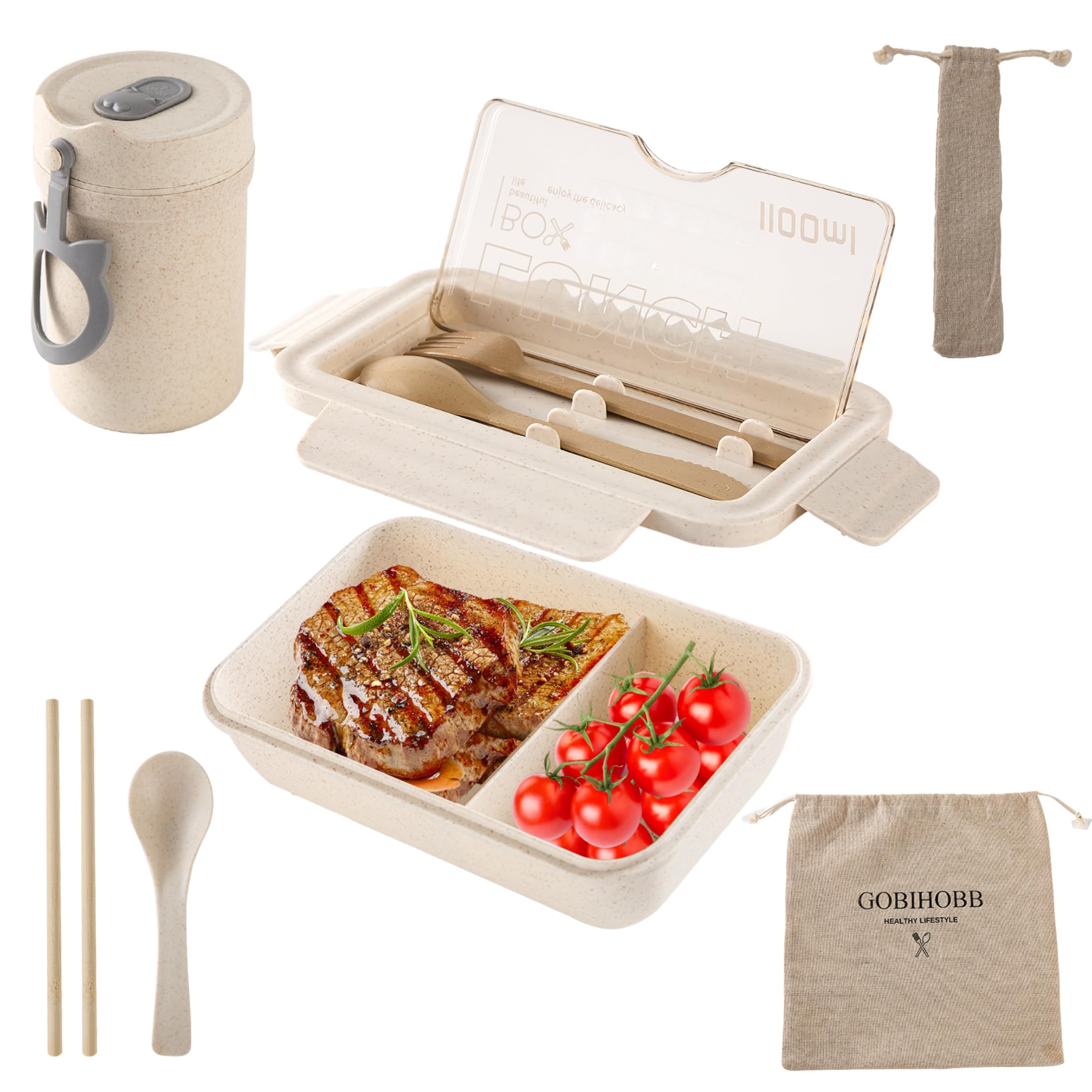 GOBIHOBB Bento Lunch Box 2 Compartment,Meal Prep Container-Reusable Food Storage Snack Containers-Food Lunchables Containers,Includes-Lunch Bag,Utensil Set,Straw,Cup-(Beige)