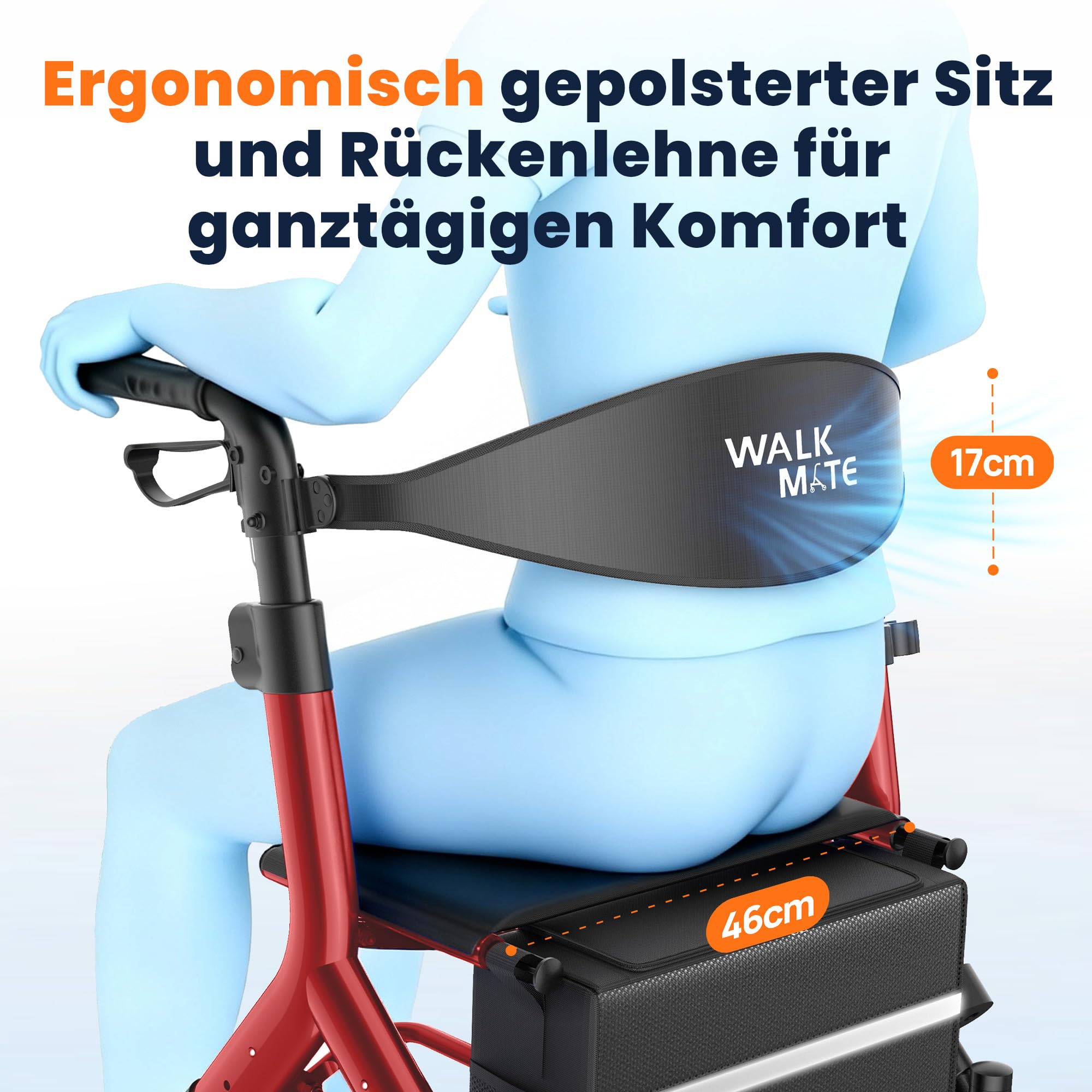 WALK MATE Rollator Faltbar und Leicht mit Sitz für Große Menschen bis 2m | Rollatoren Schmal für Wohnung,Höhenverstellbar,25cm Reifen und Versteckten Bremskabeln für Senioren,Drink Holder, Aluminium