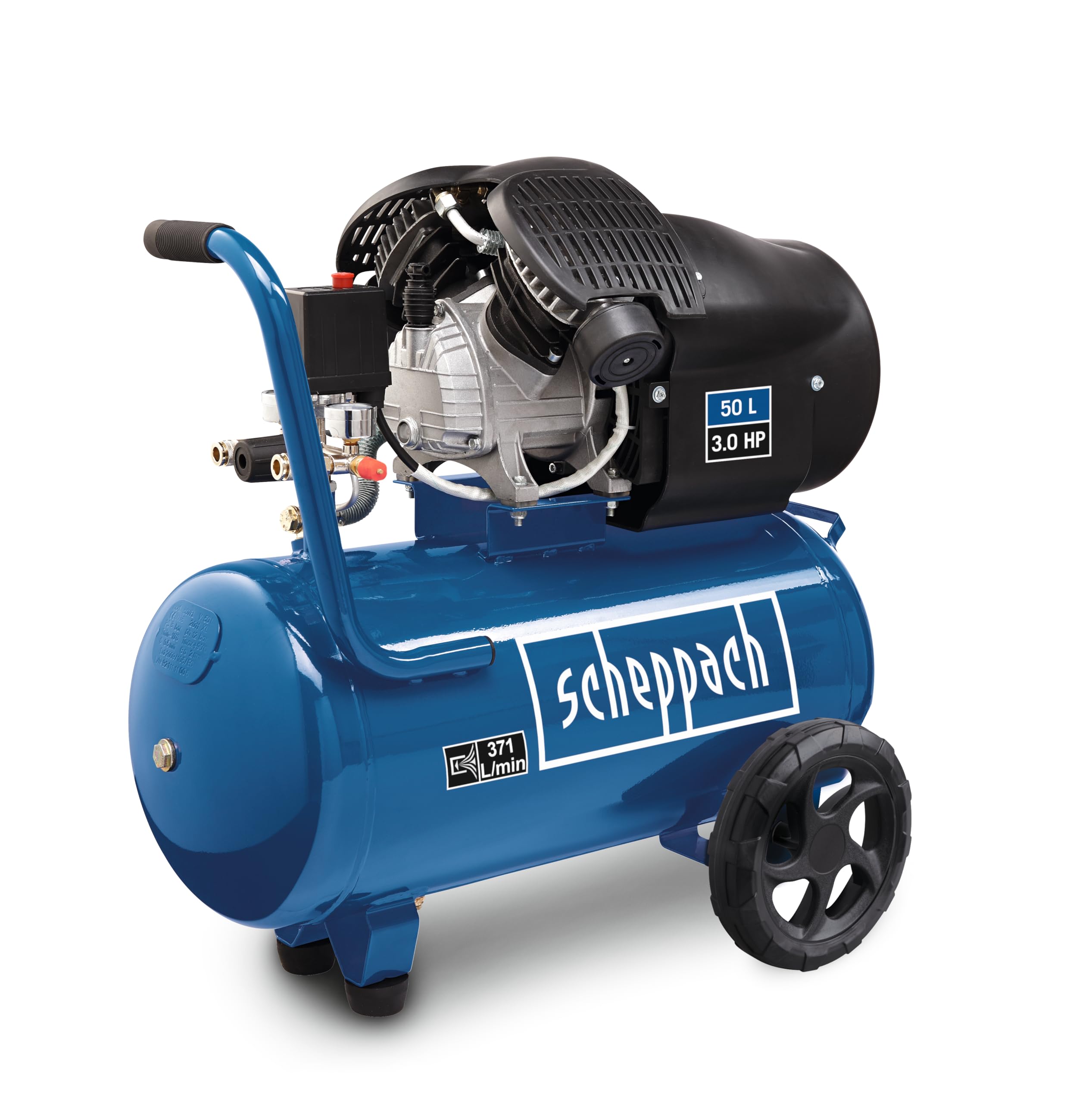 Scheppach Compresseur d’air HC500 – 2200 W / 3,0 CV – Cuve de 50 L – 10 bar – Admission d'air 371 l/min – 2 manomètres & raccords rapides