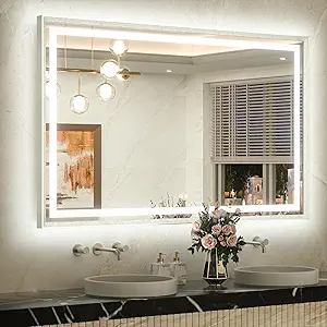 TETOTE 55 x 36 Bathroom LED Mirror Brushed Nickel Metal Frame Frontlit & Backlit Vanity Mirror Stepless Dimmable Anti-Fog 3 Colors White/Warm/Natural Light up Vanity Wall-Mounted