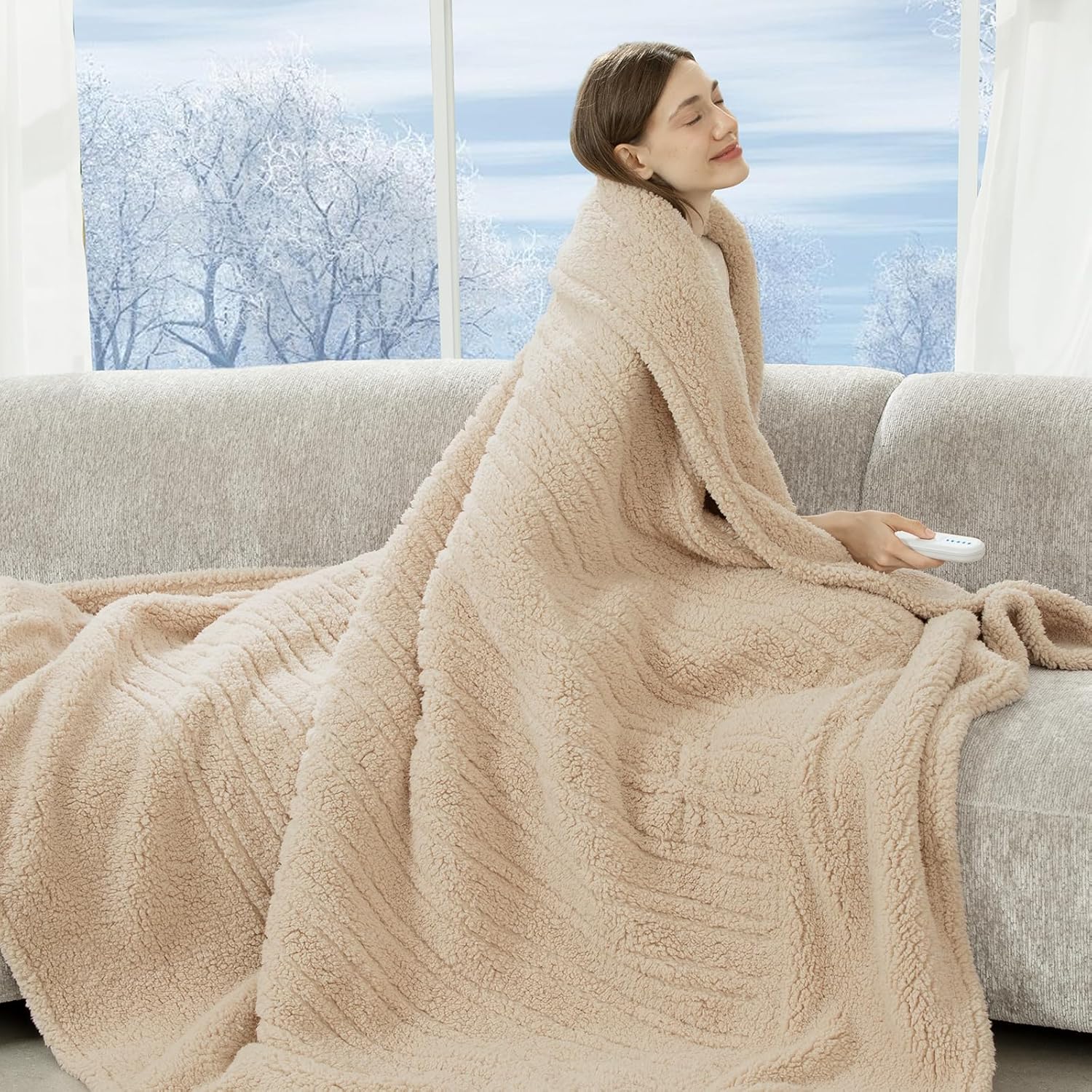 electric blanket twin 62"x84"- soft double sided sherpa heated blanket twin with 5 heatings levels & 10 hrs auto shut off, fast heating & etl certified, gift for women(beige) 1-beige 62"x84"