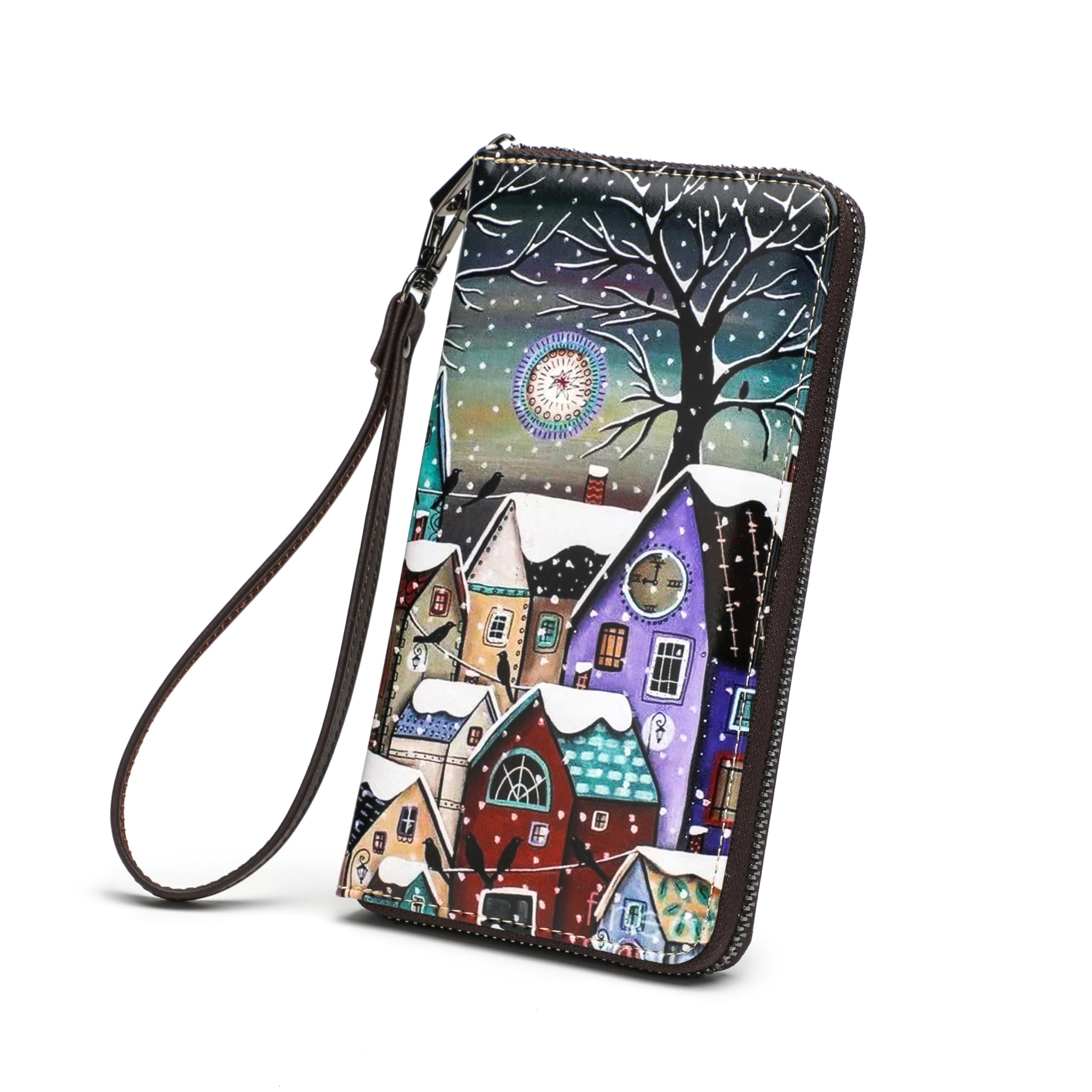 ANFUMAN Womens Wallet RFID Credit Card Holder Travel Leather Zipper Wallets for Women Winter Houses