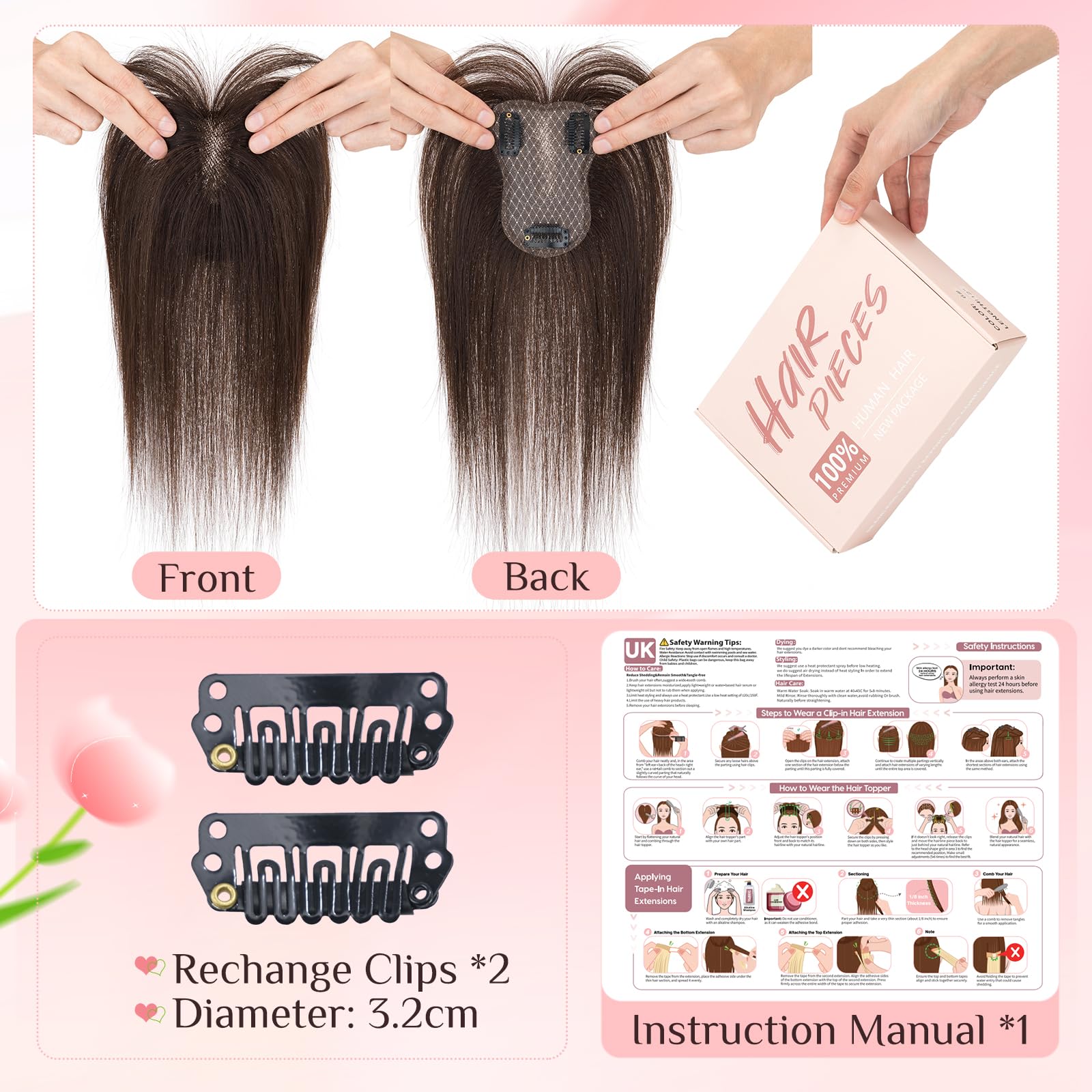 Elailite Hair Topper Donna Capelli Veri Clip 20g 25cm con Frangia Protesi Toupee Posticci Toupet Silk Lace 8x11cm #2 Marrone Scuro