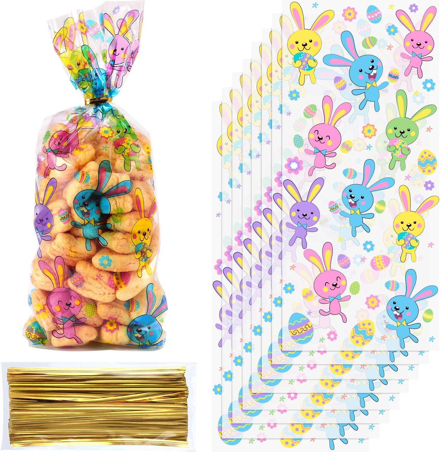 Chuangdi 100 Pack Easter Day Treat Bag Easter Bunny Party Bag Candy Cellophane Bag