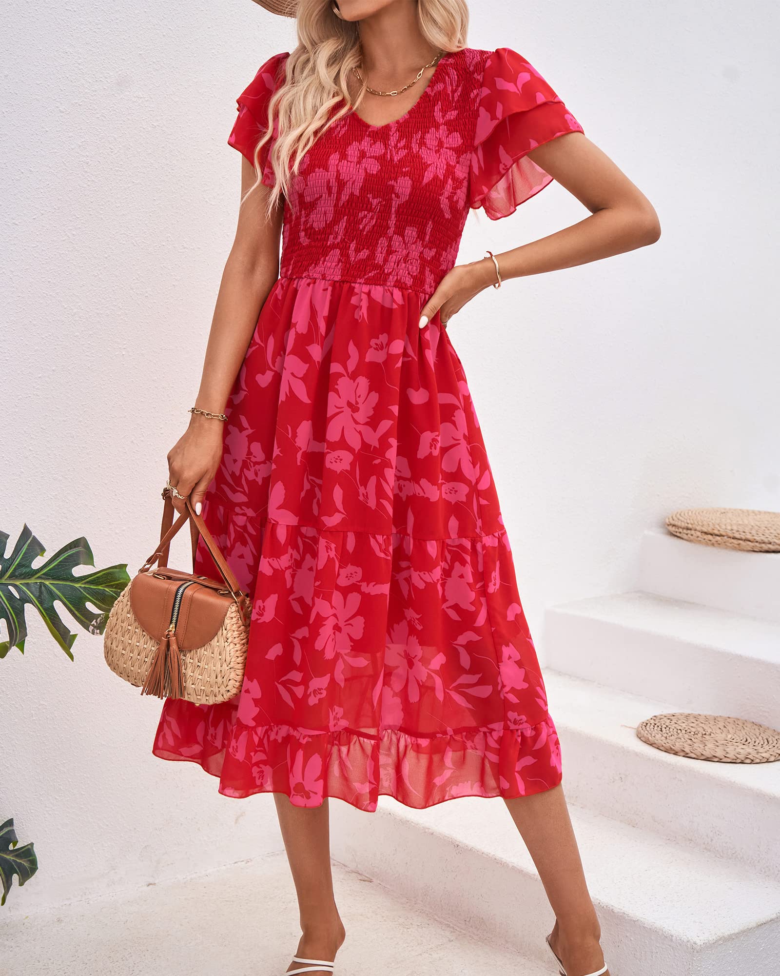 BTFBM Sommerkleid für Damen, lässiges Midi-Kleid mit kurzen Stufenärmeln, Rüschen, Smok-Details, V-Ausschnitt, Boho-Blumenmuster, langes Kleid für Hochzeitsgäste
