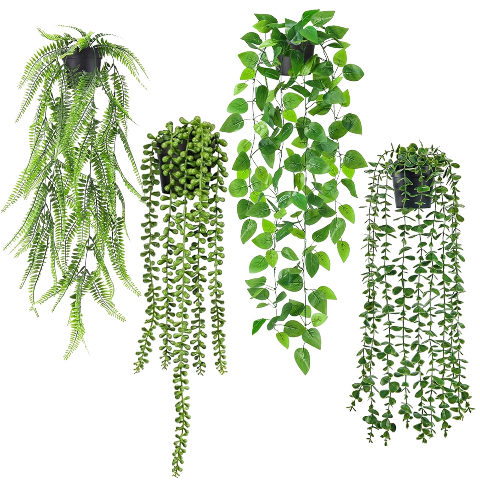 Yixinhe Artificial Hanging Plant, 4 Pack Fake Plants with Black Pots, Fake Ivy Potted Plant, Hanging Artificial Plants Indoor for Home Decor, Garden, Wall Indoor (Color-2)