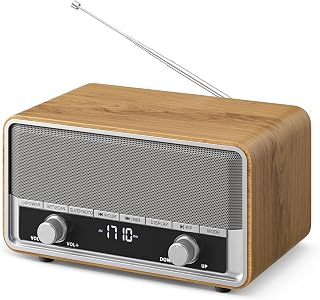 Audiocrazy Vintage Wood AM FM Bluetooth Radio Clock - LCD Display, 40 Presets, Sleep Timer, Retro Speaker for Bedroom Kitchen (Light Walnut)