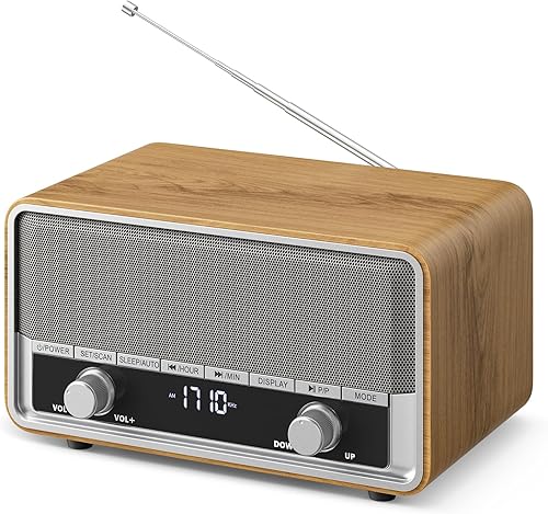 Radio Bluetooth AM FM de madera vintage con reloj, radio reloj digital para dormitorio con pantalla LCD, 40 ajustes preestablecidos, temporizador de