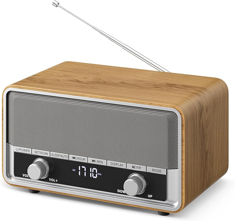 Vintage Wood AM FM Bluetooth Radio with Clear LCD Display
