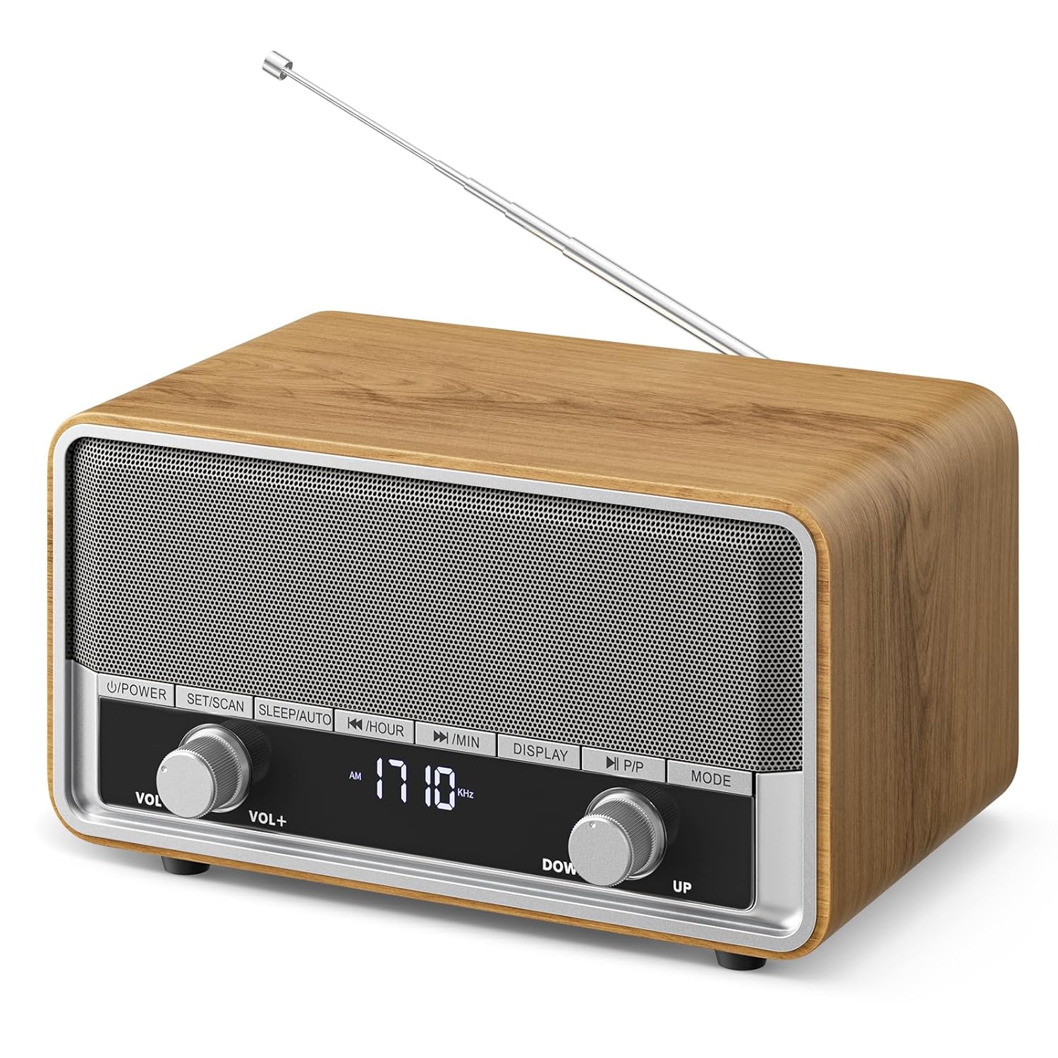 Vintage Wood AM FM Bluetooth Radio with Clock Digital Clock Radio for Bedroom with LCD Display 40 Presets