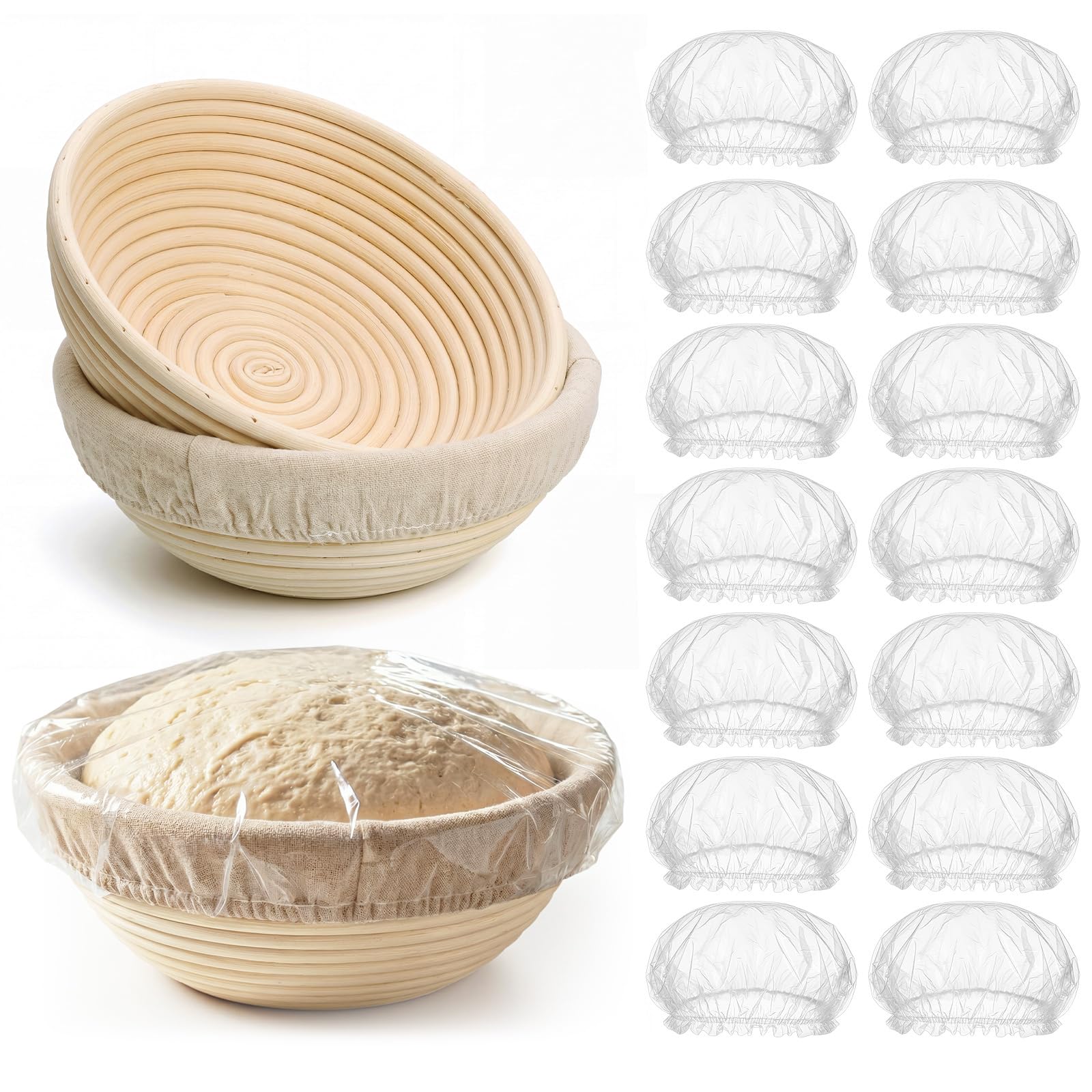 LemonRoad Brotgärkörbe mit Duschkappen, 22,9 cm, Banneton-Korb, Set mit 2 Sauerteig-Gärkörben mit Stoffeinlagen und 1000 Duschkappen für Sauerteigbrot, Backen, Gärung