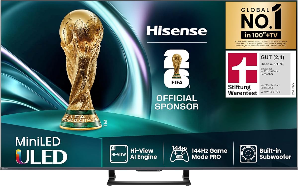 Hisense 55U7Q Fernseher 55 Zoll, 4K Mini LED ULED, Smart TV, Hi-View AI Engine, 144Hz Game Mode Pro, FreeSync Premium, Built in Subwoofer, Dolby Vision IQ Atmos, Airplay, Sprachsteuerung[2025]