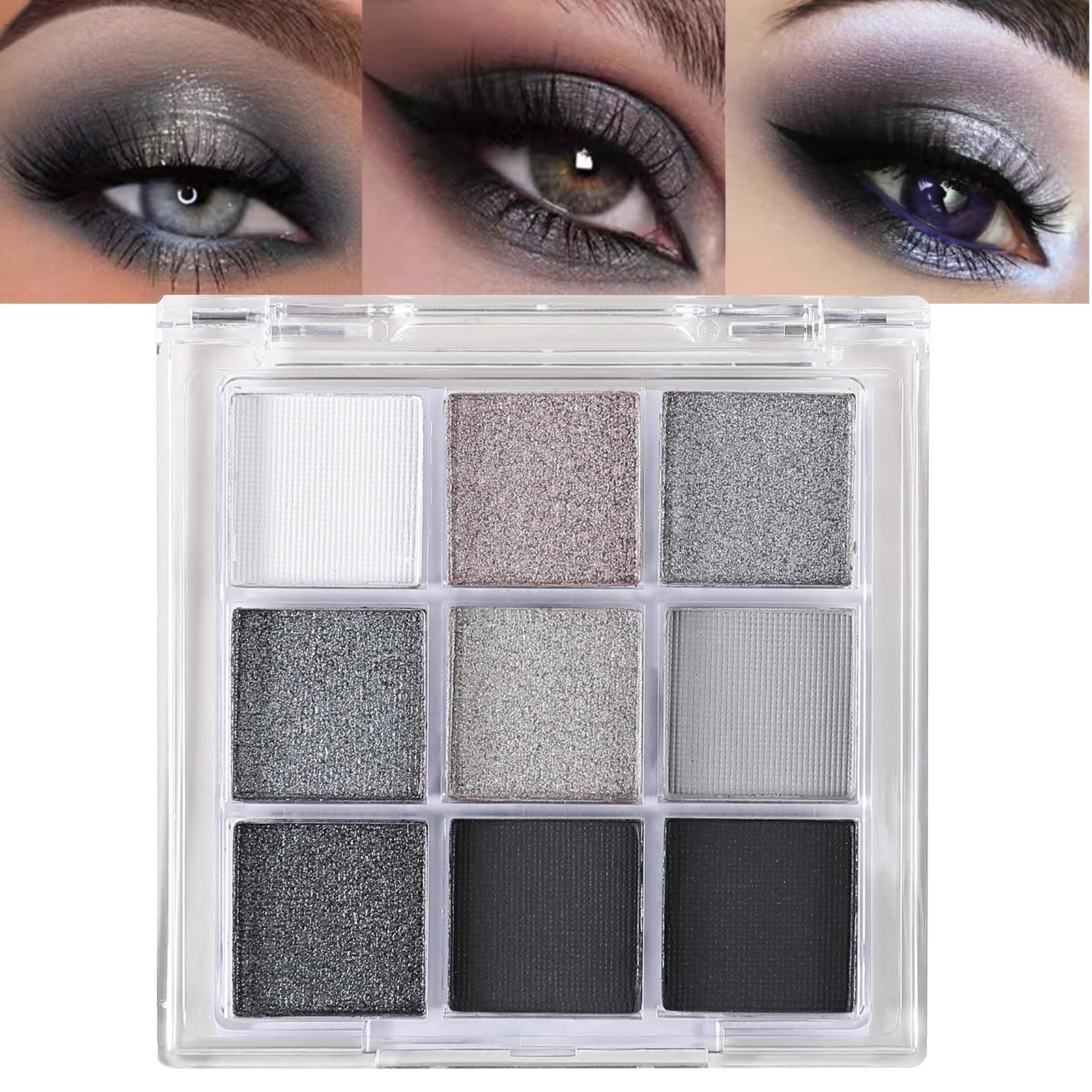 Lilbitty Paleta de sombras de ojos con purpurina de 9 colores, resistente al agua, paleta de maquillaje pigmentada para ojos en negro plateado brillante, sombra de ojos de larga duración para mujeres