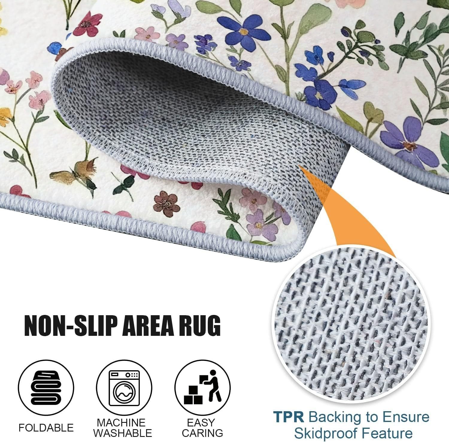 Tapis de Salon 80x150 cm Antidérapant Lavable en Machine Motif Aquarelle Fleurs Sauvages
